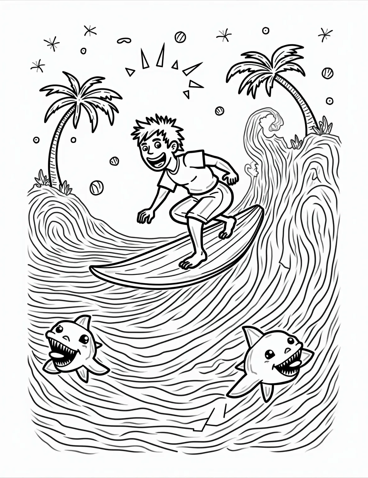 Surfing with Sharks -- prompt: "black lines only Bold black outlines depict a carefree surfer atop a curling wave. Beneath, playful shark silhouettes swim, their fins breaking the surface. Palm trees and a setting sun frame the scene. Simple shapes and patterns invite coloring, creating a cheerful, beachy atmosphere. flat black lines, premium coloring page, coloring sheet, line drawing, Coloring Book, NO COLOR, NO SHADING, WHITE BACKGROUND. NO GRAY, BLACK AND WHITE, NO COLOR" -- Catch a wave of excitement with this thrilling surfing with sharks coloring page. The image shows a brave surfer riding a wave with curious sharks swimming beneath. It's a perfect blend of adventure and marine life for ocean-loving colorists.