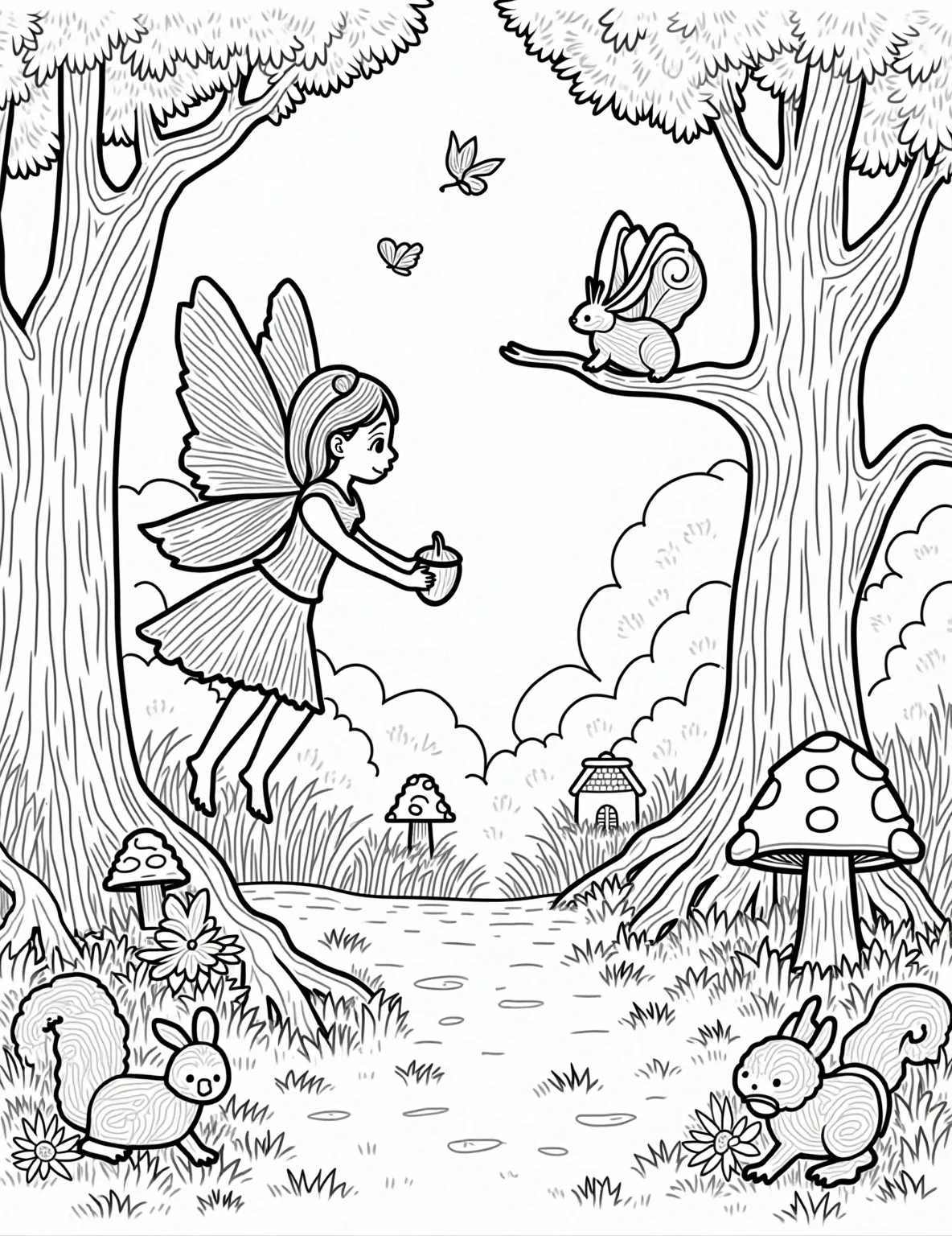 Woodland Fairy's Animal Friends Coloring Page -- prompt: "black lines only Enchanted forest clearing coloring page. Fairy with delicate wings tends to woodland creatures. Squirrels nibble acorns from her palm. Rabbit nestles in wildflowers. Mushroom houses dot background. Ornate tree branches frame scene. Whimsical patterns fill negative space. Bold outlines for easy coloring. flat black lines, premium coloring page, coloring sheet, line drawing, Coloring Book, NO COLOR, NO SHADING, WHITE BACKGROUND. NO GRAY, BLACK AND WHITE, NO COLOR" -- Discover the harmony between fairies and forest creatures in this heartwarming woodland fairy coloring page. A kind fairy tends to her animal friends, offering acorn treats to squirrels and bandaging a rabbit's paw. This sweet scene is perfect for animal-loving children and those who believe in the magic of kindness.