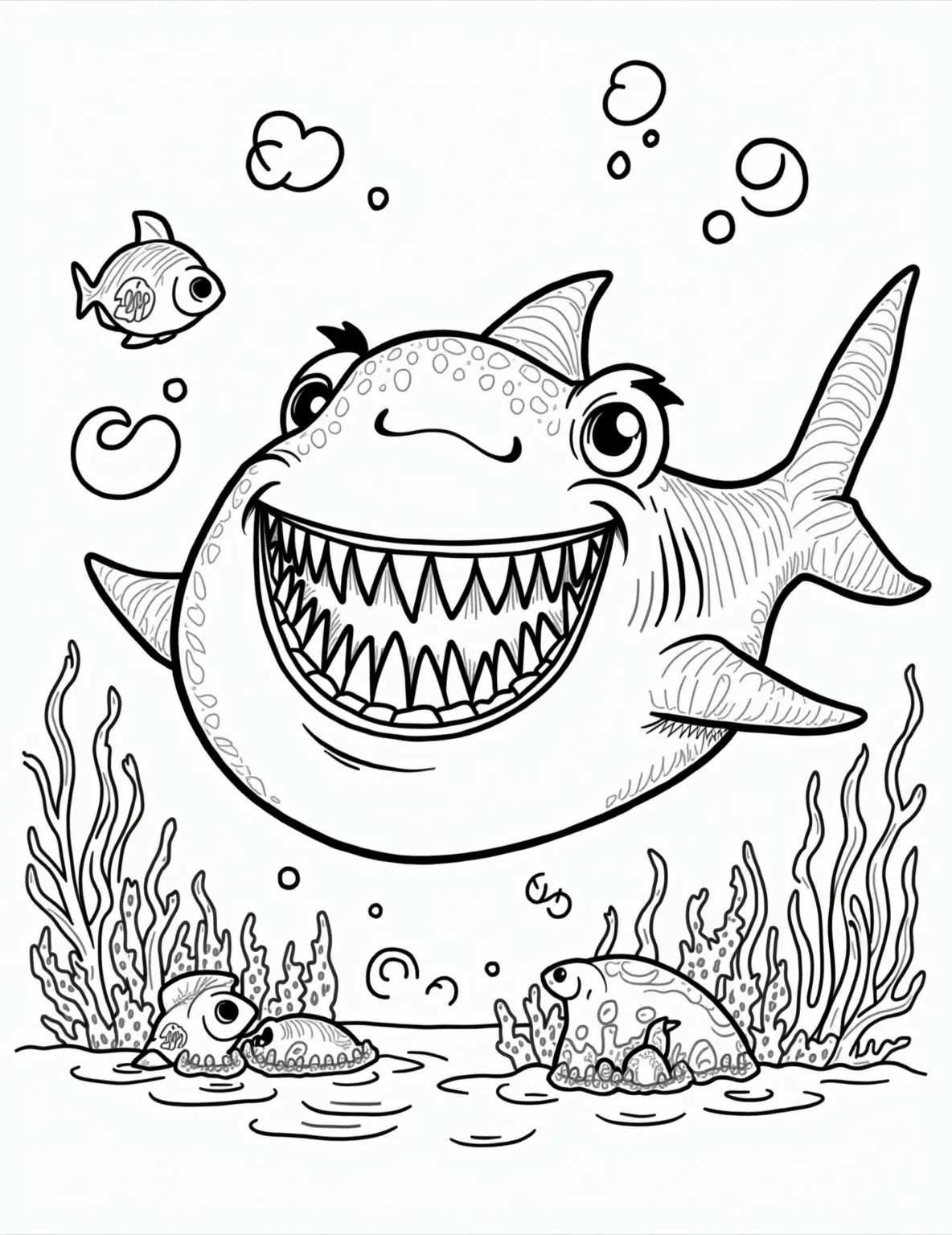 Shark Anatomy Lesson -- prompt: "black lines only Playful coloring page featuring a grinning cartoon shark in side view. Bold outlines highlight fins, gills, and teeth. Dotted lines connect fun labels to body parts. Surrounding ocean elements like bubbles and seaweed create an engaging underwater scene for young marine enthusiasts to color. flat black lines, premium coloring page, coloring sheet, line drawing, Coloring Book, NO COLOR, NO SHADING, WHITE BACKGROUND. NO GRAY, BLACK AND WHITE, NO COLOR" -- Learn while you color with this educational shark anatomy coloring page. The detailed diagram highlights different parts of a shark's body, making it both fun and informative. It's an excellent choice for budding marine biologists or anyone curious about shark physiology.