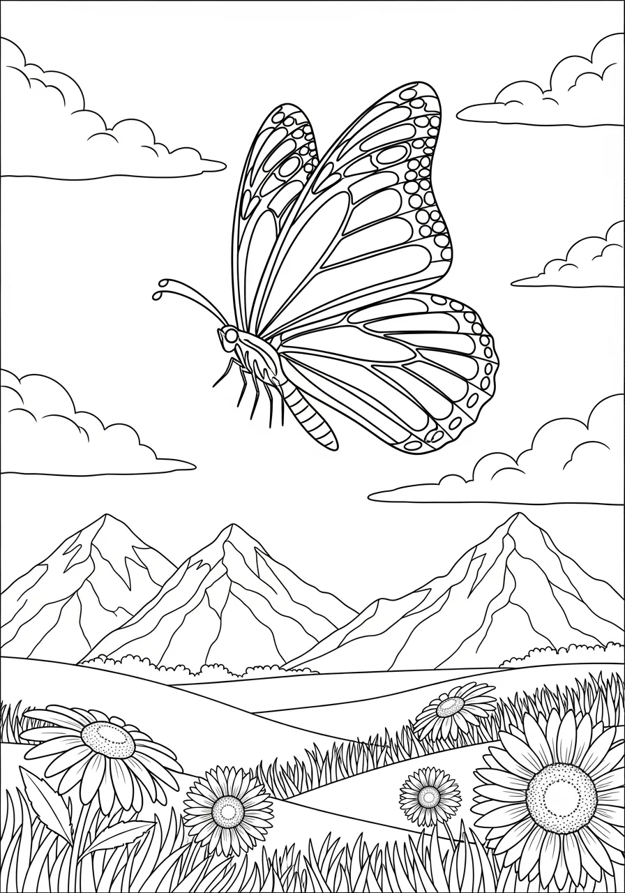1. Monarch Butterfly Migration Journey Coloring Page -- prompt: "black lines only Bold black outlines define a cheerful monarch butterfly with symmetrical wing patterns soaring above rolling hills dotted with large simple flowers, majestic mountain peaks, and puffy clouds in classic coloring book style flat black lines, premium coloring page, coloring sheet, line drawing, Coloring Book, NO COLOR, NO SHADING, WHITE BACKGROUND. NO GRAY, BLACK AND WHITE, NO COLOR" -- This stunning coloring page features a majestic monarch butterfly soaring through a scenic landscape during migration season. The detailed wings showcase the classic orange and black pattern that makes monarchs so recognizable. Perfect for learning about butterfly migration while enjoying a relaxing coloring experience.