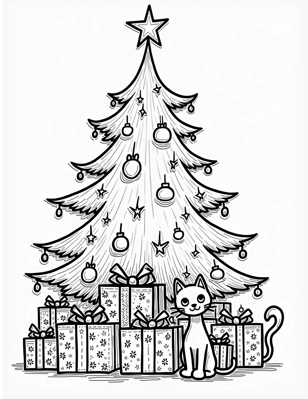 Festive Christmas Morning Gift Pile -- prompt: "black lines only Bold outlines frame a festive scene: oversized Christmas tree with swirling ornaments, star-topped. Beneath, a mountain of presents with exaggerated bows and patterns. A playful cat, wide-eyed and whiskers twitching, peeks from behind, its tail curling into a decorative spiral. Coloring book style, fun for all ages. flat black lines, premium coloring page, coloring sheet, line drawing, Coloring Book, NO COLOR, NO SHADING, WHITE BACKGROUND. NO GRAY, BLACK AND WHITE, NO COLOR" -- This coloring page showcases a cheerful pile of presents under a Christmas tree. The gifts come in various shapes and sizes, wrapped in different patterns like stripes, polka dots, and snowflakes. A curious cat peeks out from behind the pile, adding a touch of whimsy to the scene.