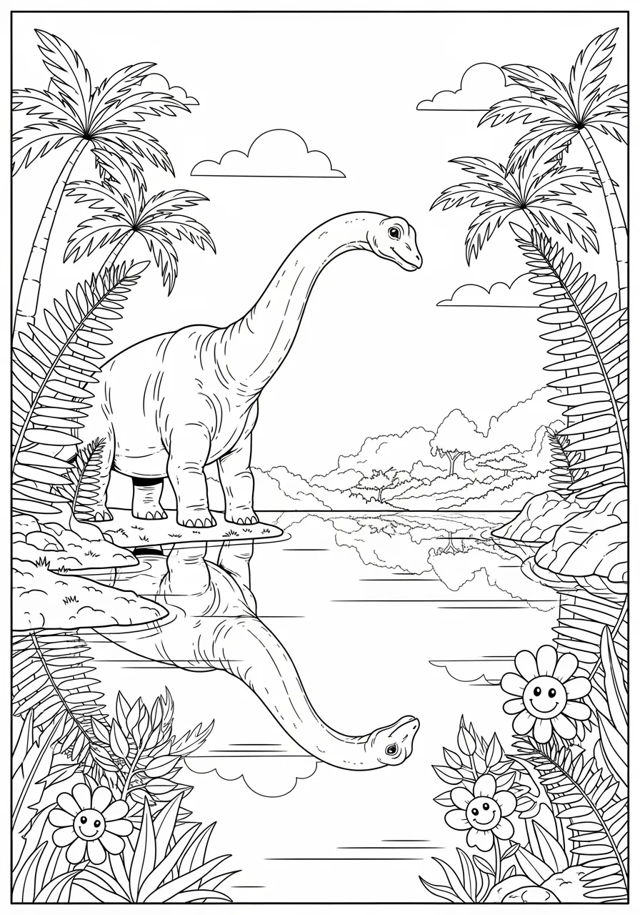 Gentle Diplodocus Lake Reflection Coloring Page -- prompt: "black lines only Fun coloring book style page featuring friendly Diplodocus with long curved neck bending down to drink from calm lake, clear mirror reflection below, surrounded by large ferns, palm trees, and smiling prehistoric flowers with thick black outlines flat black lines, premium coloring page, coloring sheet, line drawing, Coloring Book, NO COLOR, NO SHADING, WHITE BACKGROUND. NO GRAY, BLACK AND WHITE, NO COLOR" -- A serene Diplodocus bends its incredibly long neck down to drink from a crystal-clear prehistoric lake, creating beautiful ripples that reflect its massive form. The peaceful scene includes water lilies, dragonflies, and lush vegetation growing along the shoreline. This tranquil design is perfect for relaxation coloring while learning about these gentle giants who once roamed ancient wetlands.