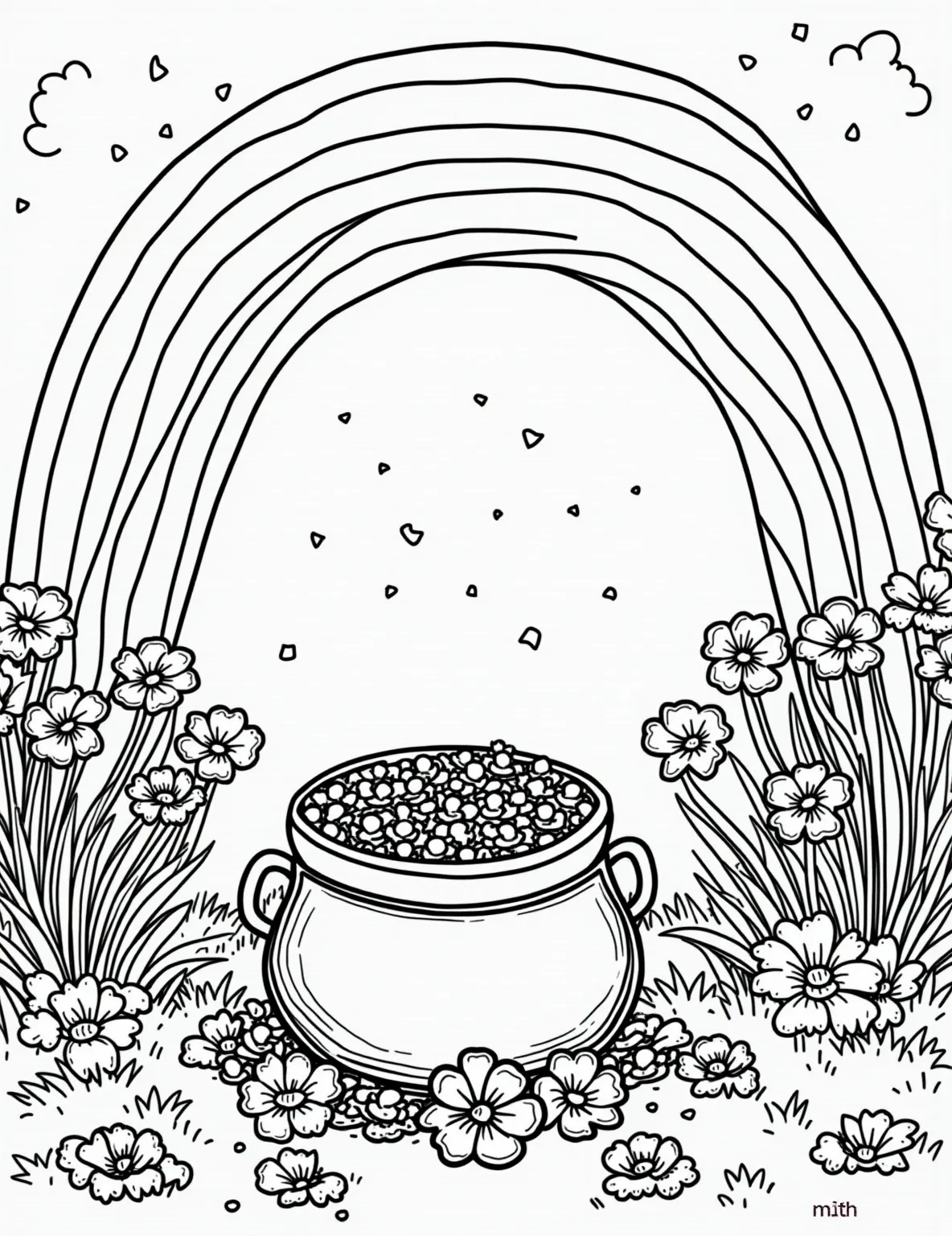 Pot of Gold at the Rainbow's End Coloring Page -- prompt: "black lines only Vibrant rainbow arches across playful coloring page. Chunky pot overflows with golden coins at rainbow's end. Oversized four-leaf clovers dot foreground. Comically large leprechaun footprints zigzag through scene. Bold outlines perfect for coloring. Cheerful Celtic knots frame corners. flat black lines, premium coloring page, coloring sheet, line drawing, Coloring Book, NO COLOR, NO SHADING, WHITE BACKGROUND. NO GRAY, BLACK AND WHITE, NO COLOR" -- This classic scene depicts a vibrant rainbow leading to a pot of gold. Lucky four-leaf clovers and playful leprechaun footprints surround the treasure. It's a perfect page for those who love Irish folklore and the magic of rainbows.