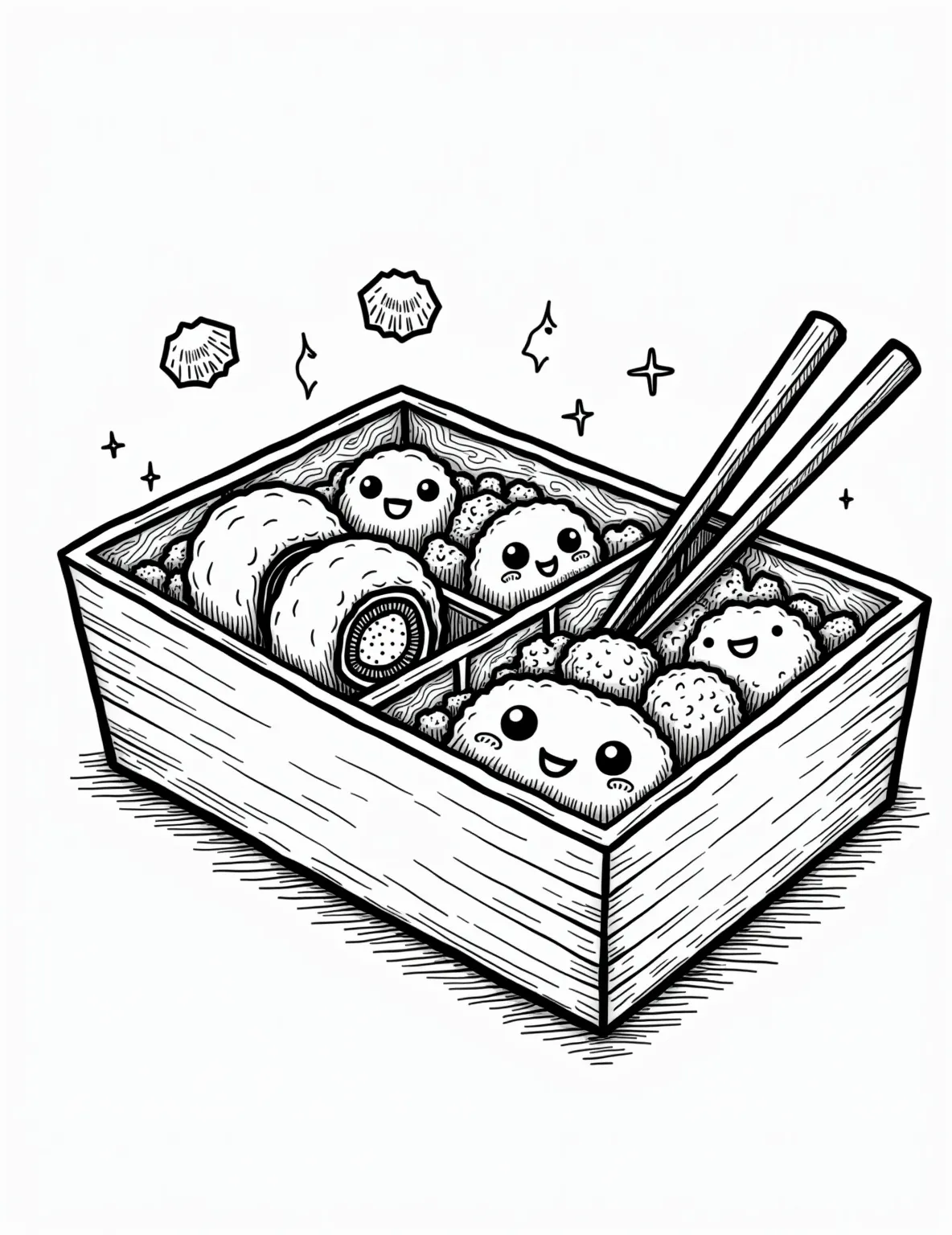 Bento Box Bonanza Coloring Page -- prompt: "black lines only Cheerful bento box bursting with kawaii Japanese delights. Sushi rolls smile, rice balls wink, and tempura waves. Compartments overflow with vibrant textures and patterns. Chopsticks dance playfully. Bold outlines invite coloring, promising a delightful culinary adventure on the page. flat black lines, premium coloring page, coloring sheet, line drawing, Coloring Book, NO COLOR, NO SHADING, WHITE BACKGROUND. NO GRAY, BLACK AND WHITE, NO COLOR" -- Dive into the art of Japanese lunch with our Bento Box Bonanza coloring page! This intricate design features a large bento box filled with various compartments of sushi, rice balls, vegetables, and other traditional Japanese foods. It's a cultural and culinary exploration through coloring.