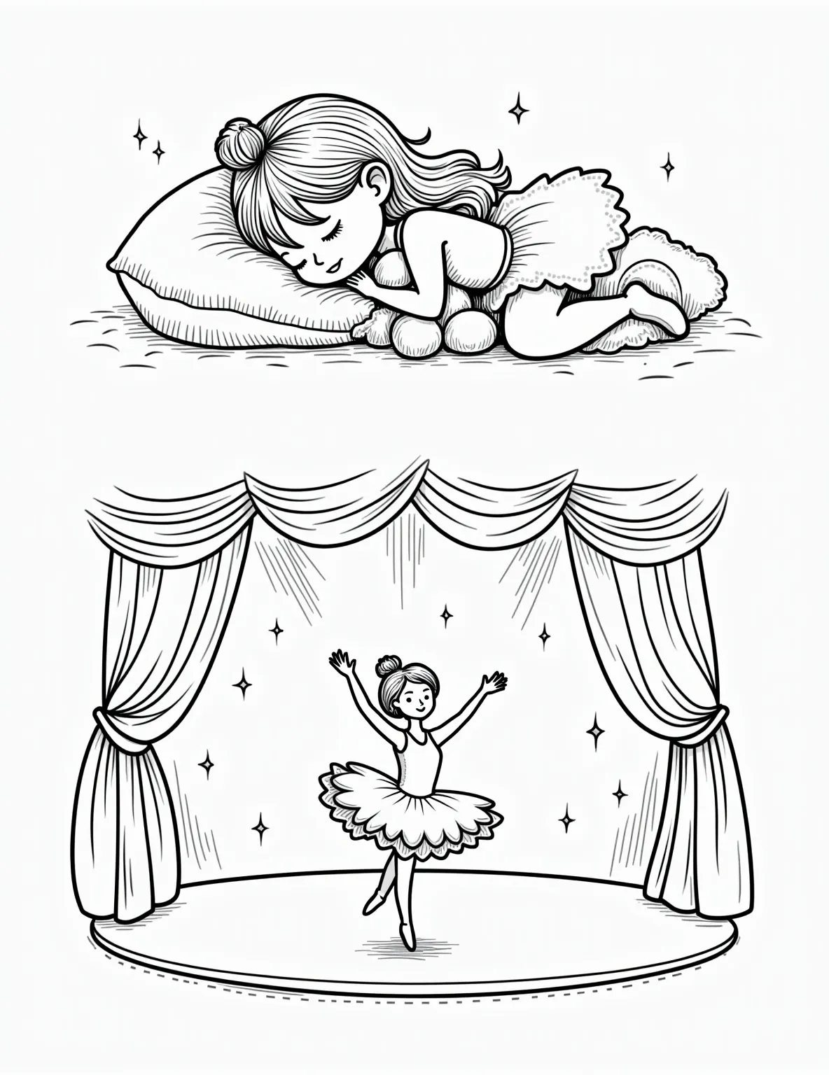 Ballerina's Dream Coloring Page -- prompt: "black lines only Split-page coloring design: top half shows young ballerina sleeping, hair spread on pillow, teddy bear nearby. Bottom half depicts grand theater stage, spotlights, audience outlines. Ballerina mid-pirouette, tutu and ribbons flowing. Bold outlines, simple shapes for easy coloring. Dreamy stars connect scenes. flat black lines, premium coloring page, coloring sheet, line drawing, Coloring Book, NO COLOR, NO SHADING, WHITE BACKGROUND. NO GRAY, BLACK AND WHITE, NO COLOR" -- This whimsical coloring page shows a young ballerina dreaming of her future on stage. The page is split between reality, where she's asleep in bed, and her dream, where she's performing on a grand stage. This dual-scene offers exciting coloring possibilities.