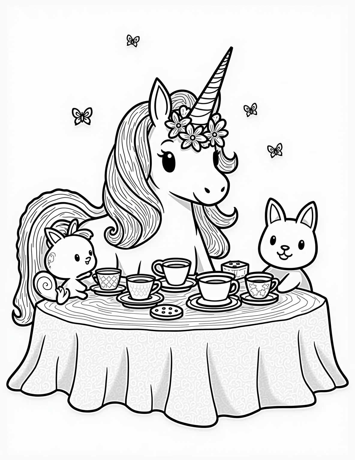 Unicorn's Enchanted Tea Party -- prompt: "black lines only Enchanting coloring page featuring a regal unicorn hosting a whimsical tea party. Simplified animal guests like bunnies and squirrels surround a table adorned with outlined teacups and cookies. Bold, clean lines perfect for coloring, with playful patterns on unicorn's mane and tea set. flat black lines, premium coloring page, coloring sheet, line drawing, Coloring Book, NO COLOR, NO SHADING, WHITE BACKGROUND. NO GRAY, BLACK AND WHITE, NO COLOR" -- Welcome to a magical tea party where a unicorn hosts its forest friends! This charming coloring page shows a unicorn surrounded by woodland creatures, all enjoying tea and treats. The simple shapes of the teacups, cookies, and animal friends make it easy and fun for young children to color.