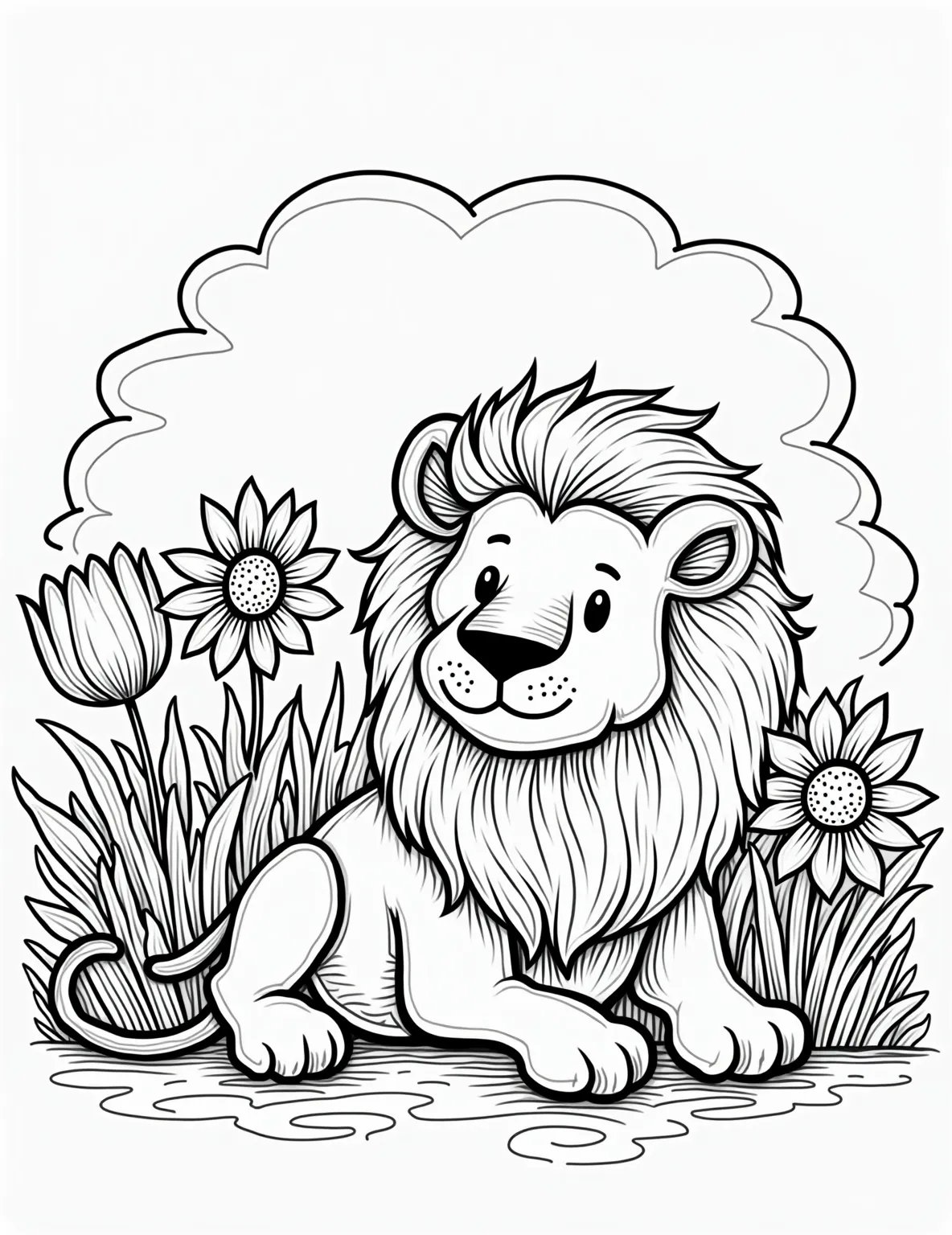 Lion in Flowers -- prompt: "black lines only Majestic lion with bold, simplified outlines lounges amid stylized daisies, tulips, and sunflowers. Thick black lines define petals and mane. Playful swirls in background. Large, empty spaces invite coloring. Serene expression on lion's face. Cheerful scene balances simplicity and whimsy. A fun coloring book style coloring page. flat black lines, premium coloring page, coloring sheet, line drawing, Coloring Book, NO COLOR, NO SHADING, WHITE BACKGROUND. NO GRAY, BLACK AND WHITE, NO COLOR" -- This serene coloring page shows a gentle lion surrounded by a field of flowers. The lion's calm expression and the delicate flowers create a peaceful scene. It's perfect for those who enjoy adding lots of color and detail to their work.