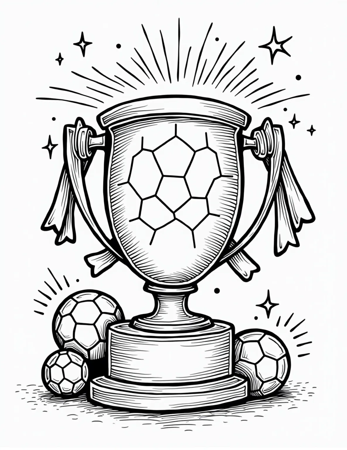 Soccer Trophy and Medals -- prompt: "black lines only Oversized soccer trophy centerpiece, bold outlines perfect for coloring. Surrounding ribboned medals float playfully. Simple shapes and patterns adorn trophy surface. Cheerful soccer balls dance around base. Empty spaces invite creativity. Thick lines define each element, beckoning young artists to bring vibrant life to this celebratory scene. flat black lines, premium coloring page, coloring sheet, line drawing, Coloring Book, NO COLOR, NO SHADING, WHITE BACKGROUND. NO GRAY, BLACK AND WHITE, NO COLOR" -- This aspirational coloring page features a large soccer trophy surrounded by medals. The trophy is ornate and detailed, offering a fun challenge for coloring. The medals have ribbons that can be colored in team or country colors. This page is perfect for discussing goals and achievements in soccer.