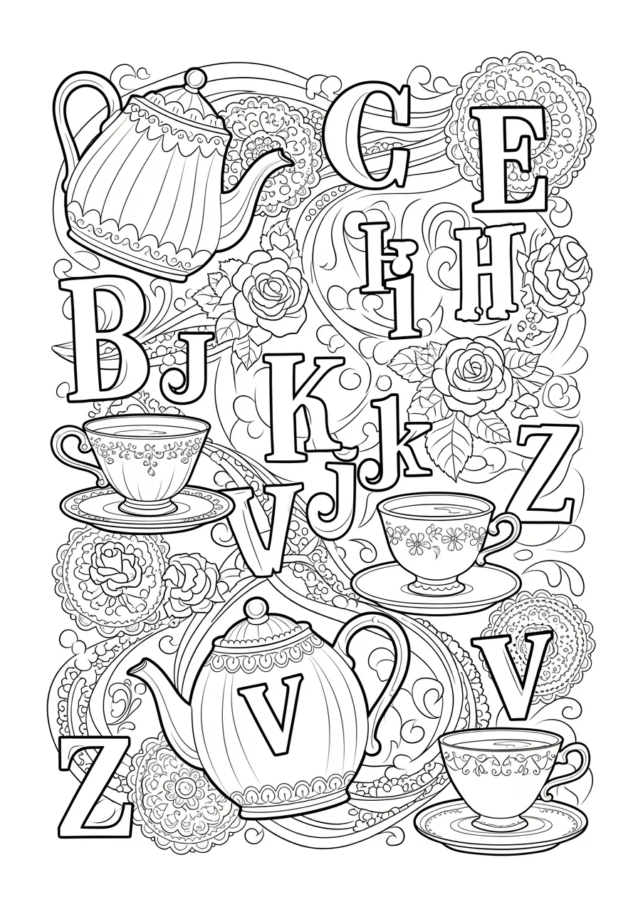 Victorian Alphabet Tea Party Coloring Page -- prompt: "black lines only Bold black line art Victorian alphabet letters decorated with flowing lace patterns and blooming roses surrounding elegant teapot, teacups, saucers on ornamental doilies, perfect thick outlines for coloring, cheerful engaging design flat black lines, premium coloring page, coloring sheet, line drawing, Coloring Book, NO COLOR, NO SHADING, WHITE BACKGROUND. NO GRAY, BLACK AND WHITE, NO COLOR" -- Step into elegance with this sophisticated coloring page featuring ornate Victorian-style letters arranged around a fancy tea setting! Each letter of the alphabet is decorated with intricate lace patterns, roses, and vintage flourishes. This detailed adult coloring page combines the beauty of historical design with alphabet learning, perfect for those who appreciate fine art and antique aesthetics.
