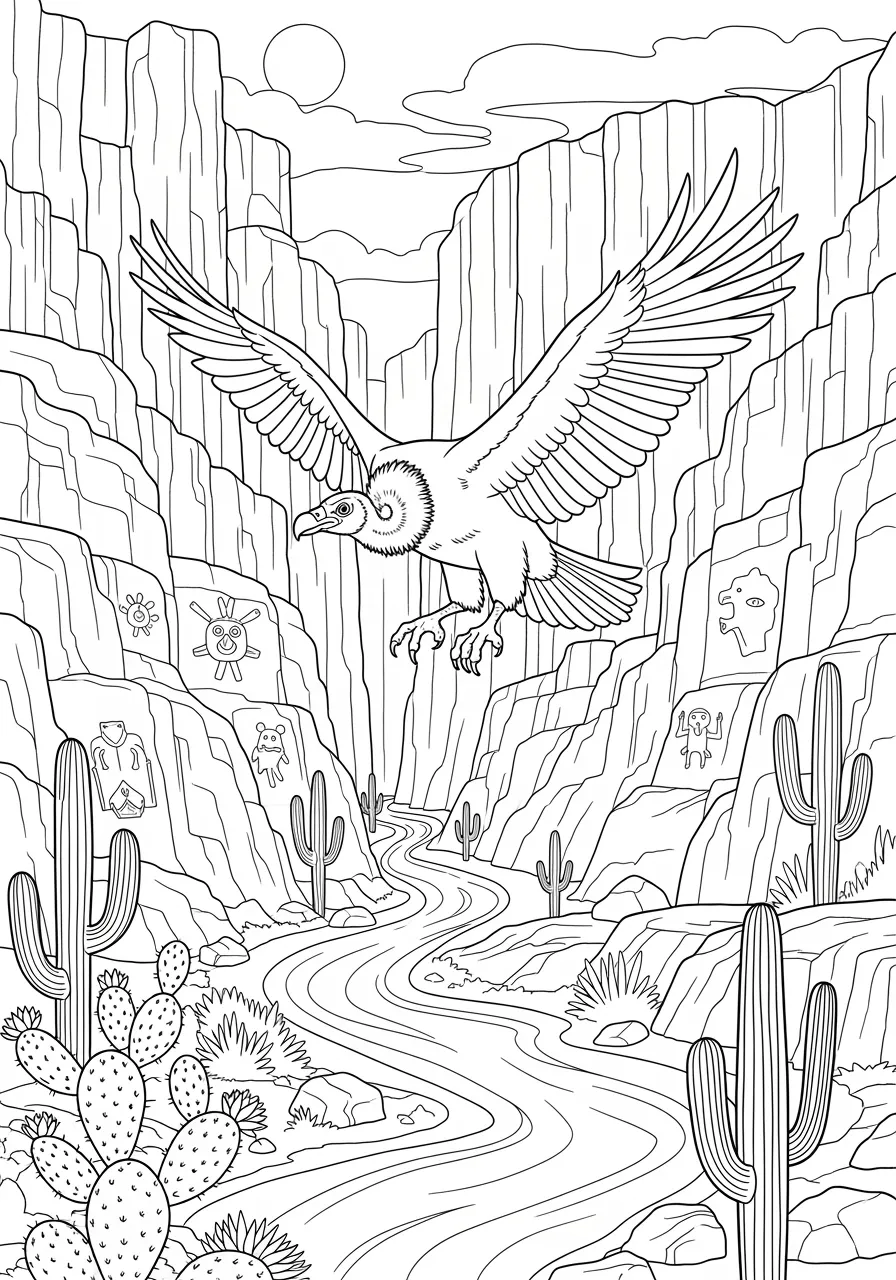 Vivacious Vulture's Valley Vista Coloring Page -- prompt: "black lines only Fun coloring book style illustration featuring a majestic vulture with outstretched wings soaring above a dramatic V-shaped canyon. Bold outlines define towering rock formations, scattered cacti, desert flowers, and layered cliff faces creating an engaging scene perfect for creative coloring adventures. flat black lines, premium coloring page, coloring sheet, line drawing, Coloring Book, NO COLOR, NO SHADING, WHITE BACKGROUND. NO GRAY, BLACK AND WHITE, NO COLOR" -- Soar to new learning heights with this impressive 'V' coloring page showcasing a vulture over a mountain valley! The valley's V-shaped formation perfectly frames the soaring bird as it glides on thermal currents. This educational scene helps children appreciate these important scavenger birds while learning about landscapes and the letter V.