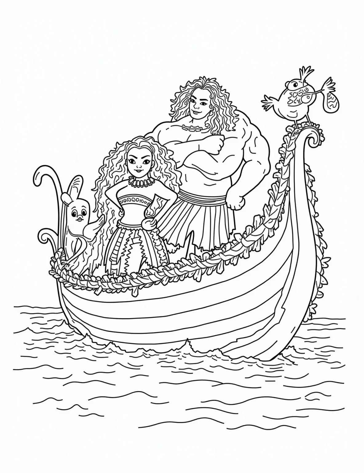 Moana's Tropical Christmas Voyage -- prompt: "black lines only Polynesian princess Moana steers a festive outrigger canoe adorned with tropical garlands and twinkling lights. Maui flexes, Pua snuggles ornaments, and Heihei balances precariously on a candy cane. Bold outlines define characters and waves, perfect for coloring. Cheerful flat black lines, premium coloring page, coloring sheet, line drawing, Coloring Book, NO COLOR, NO SHADING, WHITE BACKGROUND. NO GRAY, BLACK AND WHITE, NO COLOR" -- Moana sails her canoe through gentle waves, with Maui and Pua aboard. The boat is decorated with palm fronds and seashells, while Heihei clings to a makeshift Christmas tree mast. This coloring page offers a Polynesian twist on Christmas adventures.