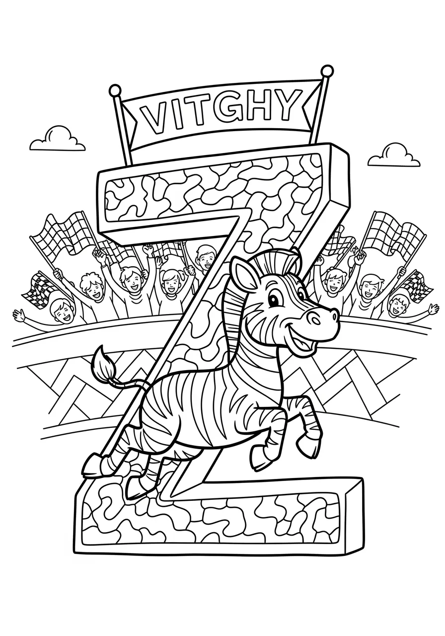Zealous Zebra's Zigzag Race Track Coloring Page -- prompt: "black lines only Fun coloring book style cartoon zebra with bold black outlines racing energetically along a dramatic zigzag track forming a giant letter Z, surrounded by waving checkered flags, smiling spectators, and a celebratory finish line banner flat black lines, premium coloring page, coloring sheet, line drawing, Coloring Book, NO COLOR, NO SHADING, WHITE BACKGROUND. NO GRAY, BLACK AND WHITE, NO COLOR" -- Finish the alphabet with style in this energetic 'Z' coloring page featuring a zebra racing on a zigzag track! The zebra gallops enthusiastically along a Z-shaped race course marked with checkered flags. This dynamic final letter page celebrates completion and achievement, perfect for kids who have worked through the entire alphabet.