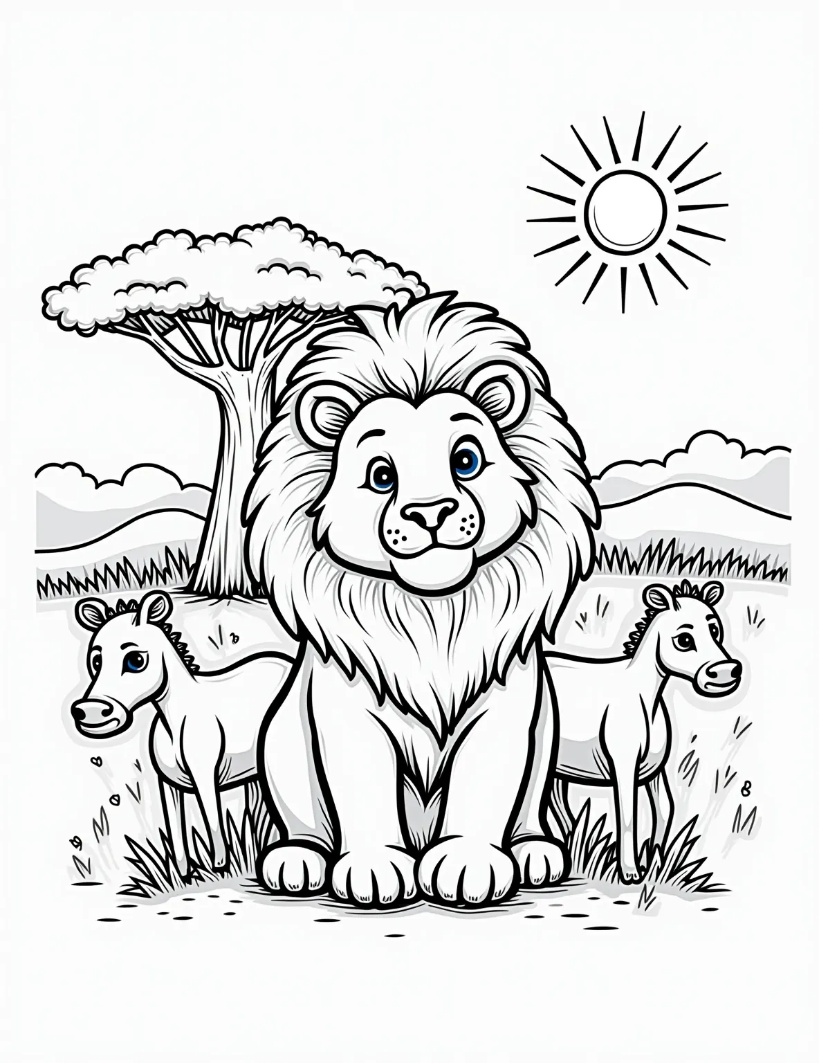 Majestic White Lion -- prompt: "black lines only Playful outline of regal white lion, mane flowing like waves. Blue eyes sparkle with curiosity. Savanna grasses sway, zebras graze nearby. Baobab tree stretches skyward. Simple, bold shapes invite coloring. Cheerful African wildlife scene celebrates nature's beauty. Stylized sun beams down flat black lines, premium coloring page, coloring sheet, line drawing, Coloring Book, NO COLOR, NO SHADING, WHITE BACKGROUND. NO GRAY, BLACK AND WHITE, NO COLOR" -- This unique coloring page features a rare white lion in all its glory. The lion's pale coat and piercing blue eyes make for a striking image. The savanna background provides a perfect contrast to showcase this beautiful creature.