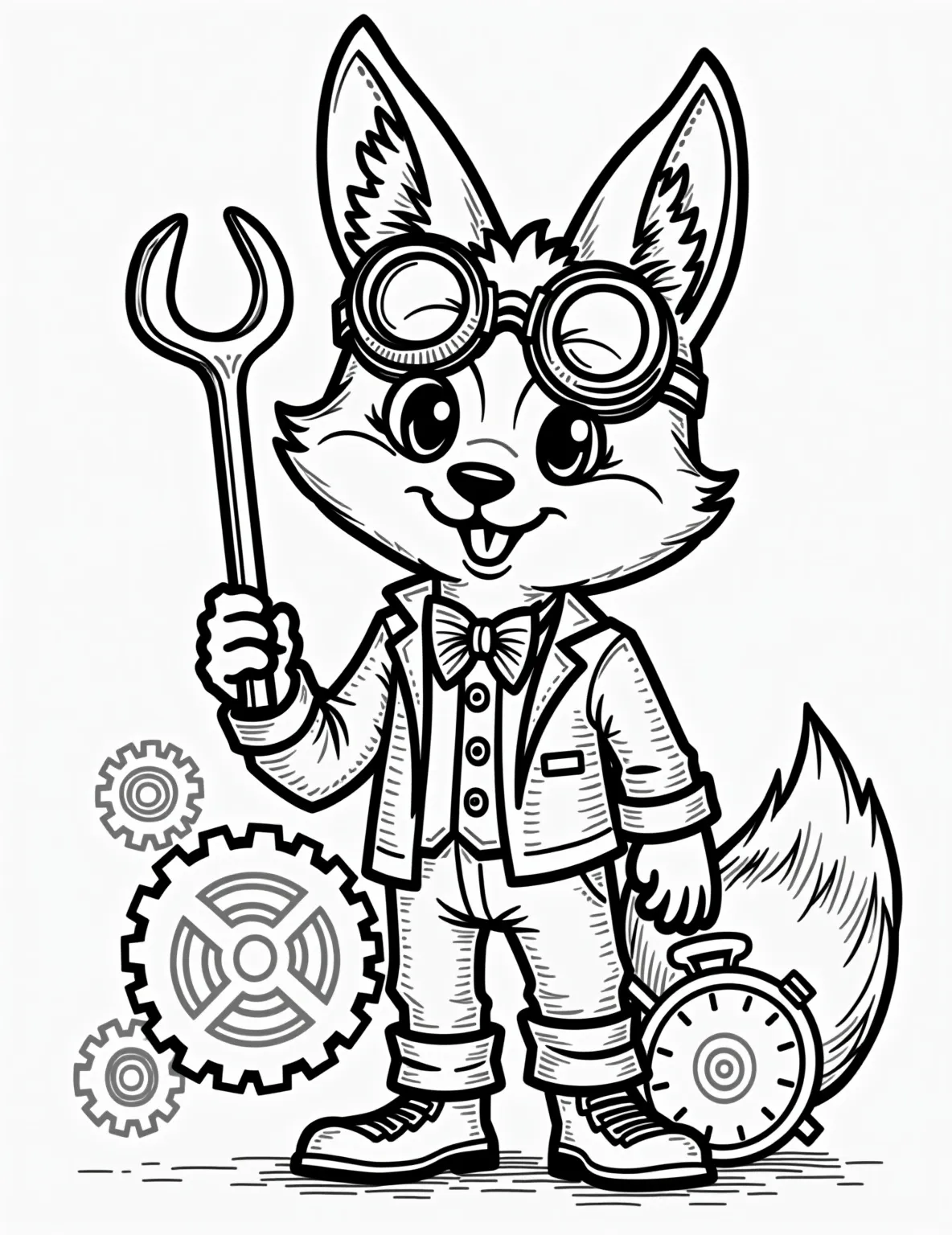 Steampunk Fox Inventor -- prompt: "black lines only Playful coloring page featuring a dapper fox inventor in steampunk attire. Oversized goggles perch atop his head, surrounded by bold outlines of quirky gears and fantastical contraptions. Simple, clean lines perfect for coloring, with charming details like a pocket watch and wrench. flat black lines, premium coloring page, coloring sheet, line drawing, Coloring Book, NO COLOR, NO SHADING, WHITE BACKGROUND. NO GRAY, BLACK AND WHITE, NO COLOR" -- For a unique twist, this coloring page features a fox as a steampunk inventor. Dressed in goggles and a waistcoat, the fox is surrounded by gears, cogs, and fantastic contraptions. It's an imaginative blend of nature and technology that older coloring enthusiasts will appreciate.