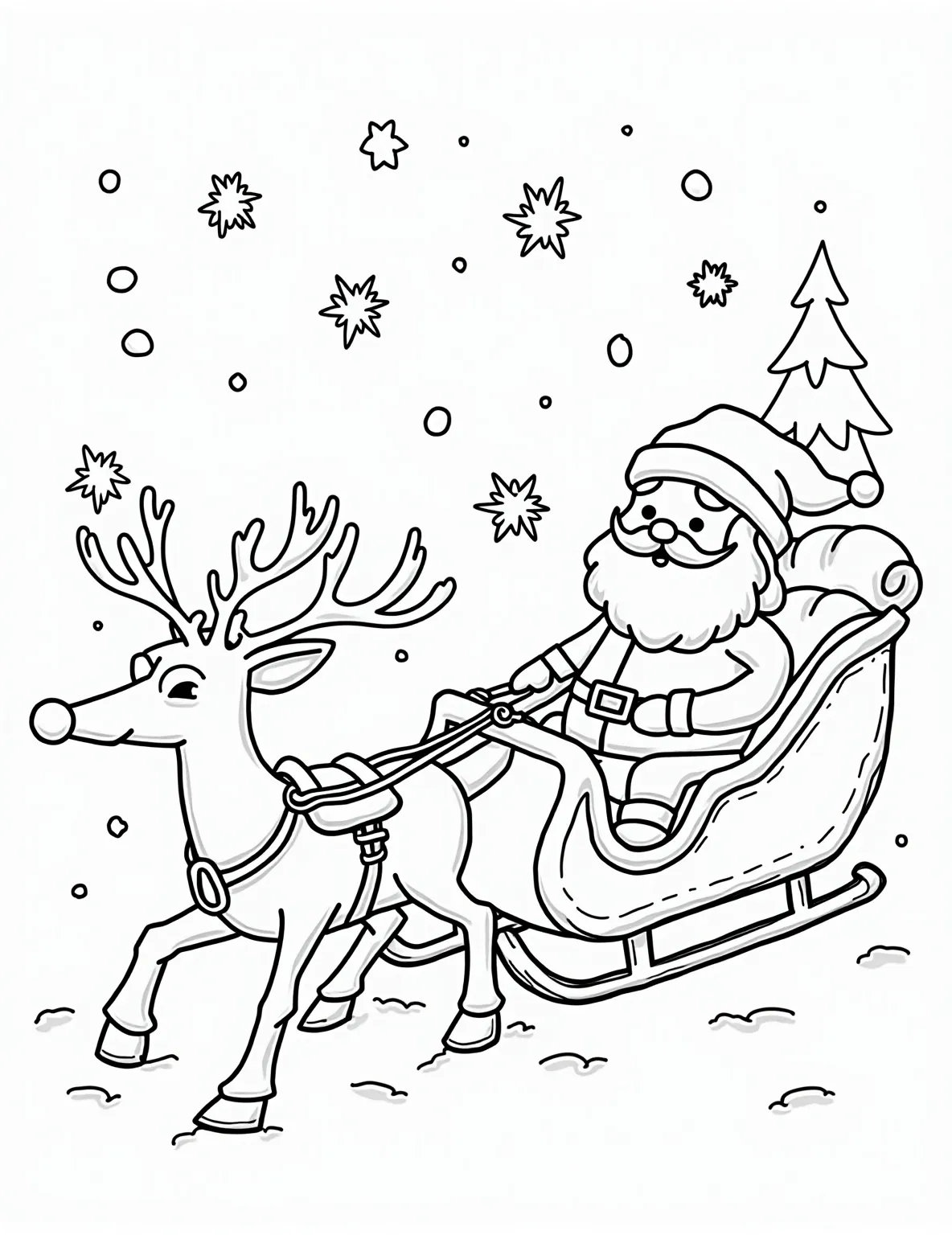 Rudolph Saves Christmas -- prompt: "black lines only Rudolph's bold outline leads Santa's sleigh through swirling snowflakes. Chunky reindeer shapes pull a simple sleigh design. Rudolph's nose, a large circle, shines brightly. Santa waves, his beard a series of curvy lines. Pine trees dot the background, waiting to be colored. flat black lines, premium coloring page, coloring sheet, line drawing, Coloring Book, NO COLOR, NO SHADING, WHITE BACKGROUND. NO GRAY, BLACK AND WHITE, NO COLOR" -- Witness Rudolph's bravery in this dramatic coloring page! It depicts the climactic moment when Rudolph's glowing nose saves Christmas by guiding Santa's sleigh through a terrible blizzard. The swirling snow and determined expressions make this an exciting page to color.