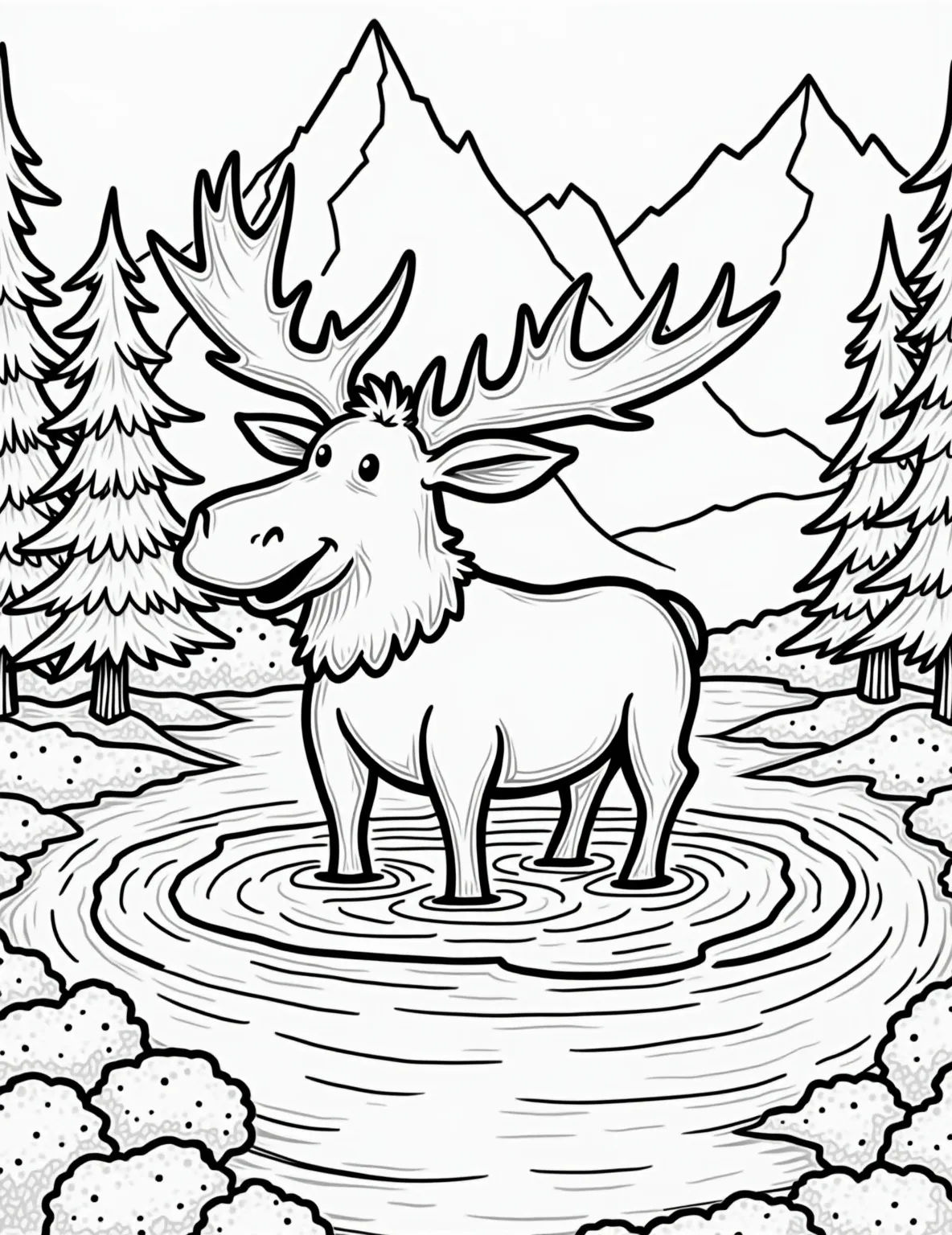 Mighty Moose in Mountain Stream Coloring Page -- prompt: "black lines only Playful outline of majestic bull moose, antlers branching like tree limbs, standing in flowing stream. Simplified pine trees frame scene, jagged mountain peaks rise behind. Bold, thick lines define shapes. Empty spaces await colorful imagination. Charming wilderness scene for creative coloring enthusiasts. flat black lines, premium coloring page, coloring sheet, line drawing, Coloring Book, NO COLOR, NO SHADING, WHITE BACKGROUND. NO GRAY, BLACK AND WHITE, NO COLOR" -- Trek into the wilderness with this majestic moose coloring page. The powerful animal standing in a rushing mountain stream embodies the rugged beauty of North American wildlife. Perfect for those who love large mammals and scenic nature coloring pages.