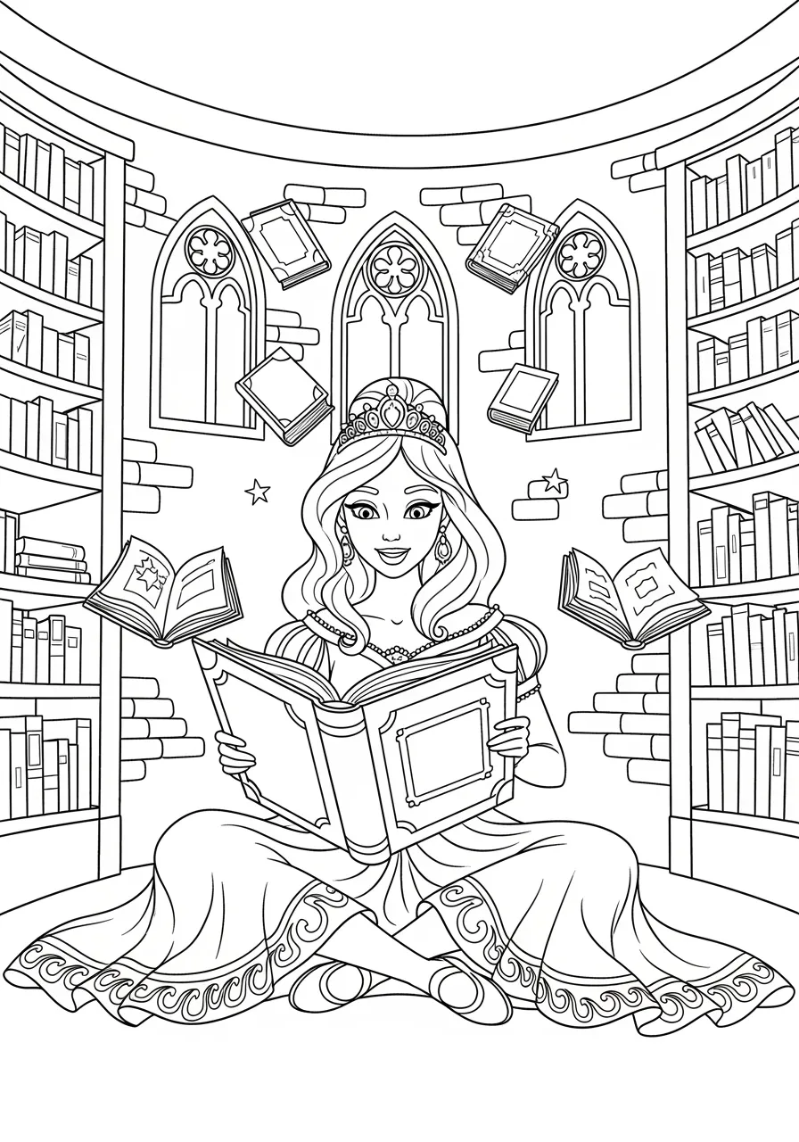 Princess Reading in Library Tower Coloring Page -- prompt: "black lines only Fun coloring book style princess with flowing gown and tiara sits cross-legged reading oversized storybook in circular tower library, surrounded by towering curved bookshelves, gothic arched windows, floating books, cheerful expression, bold outlines, simple shapes flat black lines, premium coloring page, coloring sheet, line drawing, Coloring Book, NO COLOR, NO SHADING, WHITE BACKGROUND. NO GRAY, BLACK AND WHITE, NO COLOR" -- This peaceful coloring page depicts a studious princess enjoying a good book in her castle's library tower. Towering bookshelves filled with ancient tomes surround her, while sunlight streams through arched windows. A comfortable reading chair and scattered books complete this scholarly scene.