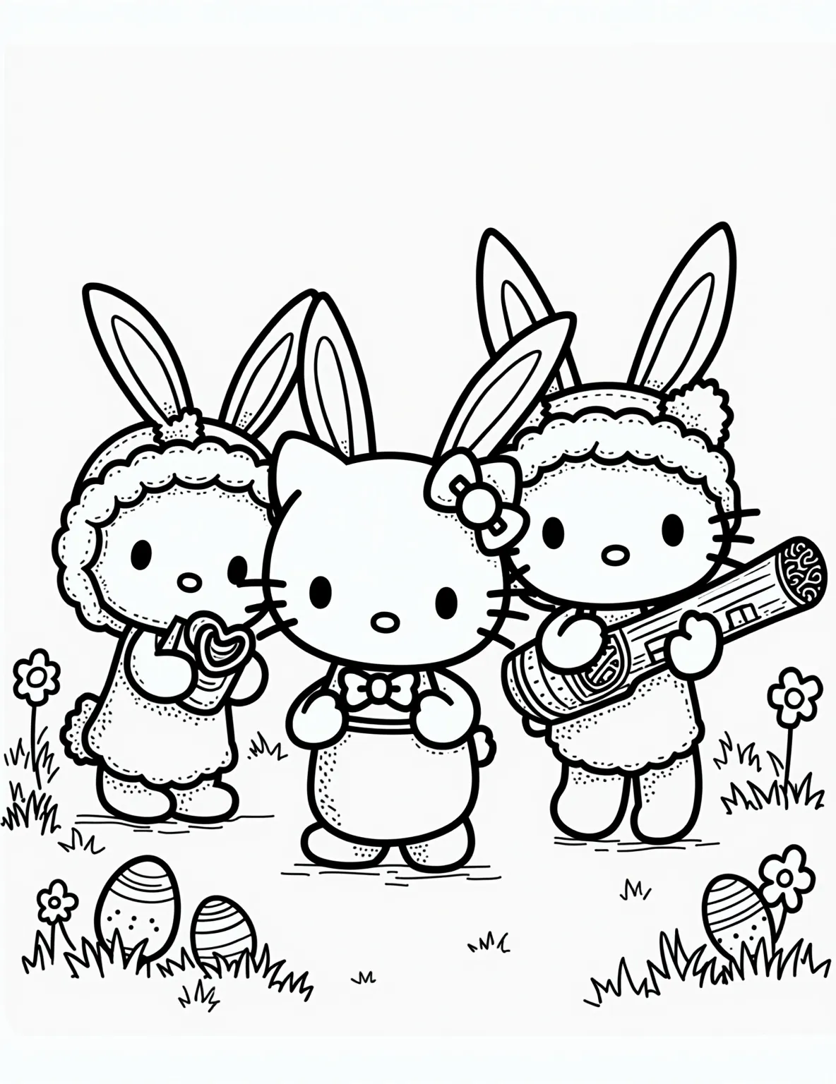 Hello Kitty's Easter Marching Band -- prompt: "black lines only Hello Kitty leads Easter parade, wearing pastel bow tie. Friends play oversized instruments, donning bunny ear headbands. Simplified outlines perfect for coloring. Carrots, eggs, and flowers border scene. Cheerful expressions on characters' faces. Dotted lines suggest marching rhythm. flat black lines, premium coloring page, coloring sheet, line drawing, Coloring Book, NO COLOR, NO SHADING, WHITE BACKGROUND. NO GRAY, BLACK AND WHITE, NO COLOR" -- Get ready for a musical Easter celebration with this lively coloring page. Hello Kitty is leading an Easter-themed marching band, complete with friends playing various instruments. They're all wearing Easter-inspired uniforms and marching past decorated eggs and spring scenery.