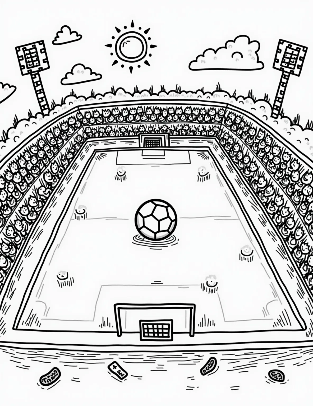 Soccer Field Overview -- prompt: "black lines only Aerial view of soccer field transformed into playful coloring page. Bold outlines define pitch, penalty areas, center circle. Chunky lines create goal posts, corner flags. Simplified soccer ball at center. Cheerful spectators as stick figures in stands. Fluffy clouds float above. flat black lines, premium coloring page, coloring sheet, line drawing, Coloring Book, NO COLOR, NO SHADING, WHITE BACKGROUND. NO GRAY, BLACK AND WHITE, NO COLOR" -- This bird's-eye view coloring page presents an entire soccer field from above. All the lines and markings of a regulation soccer field are clearly drawn, including the center circle, penalty areas, and goal boxes. This page is perfect for learning about field layout while enjoying a relaxing coloring session.