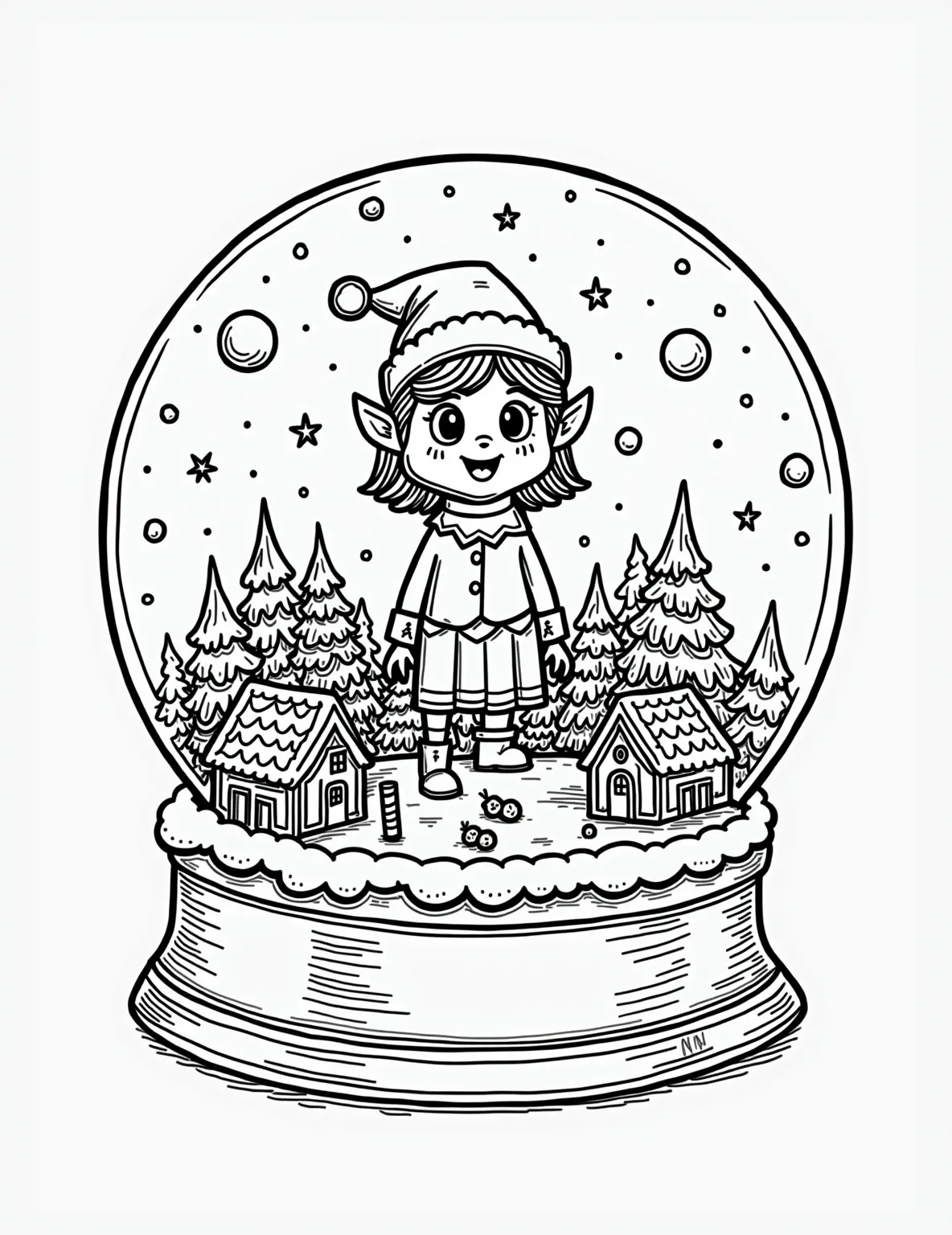 Elf's Magical Snow Globe Adventure -- prompt: "black lines only Playful Elf on Shelf character inside giant snow globe, surrounded by thick outlines. Miniature winter wonderland with cartoon houses, pine trees, and snowmen. Simple shapes, bold lines for easy coloring. Cheerful scene with swirling snowflakes and candy canes. Fun, festive coloring page design. flat black lines, premium coloring page, coloring sheet, line drawing, Coloring Book, NO COLOR, NO SHADING, WHITE BACKGROUND. NO GRAY, BLACK AND WHITE, NO COLOR" -- Step into a world of wonder with this enchanting coloring page. Our Elf on the Shelf is depicted inside a giant snow globe, creating a miniature winter wonderland. The elf is surrounded by tiny houses, trees, and swirling snow, offering a magical scene full of intricate details to color.