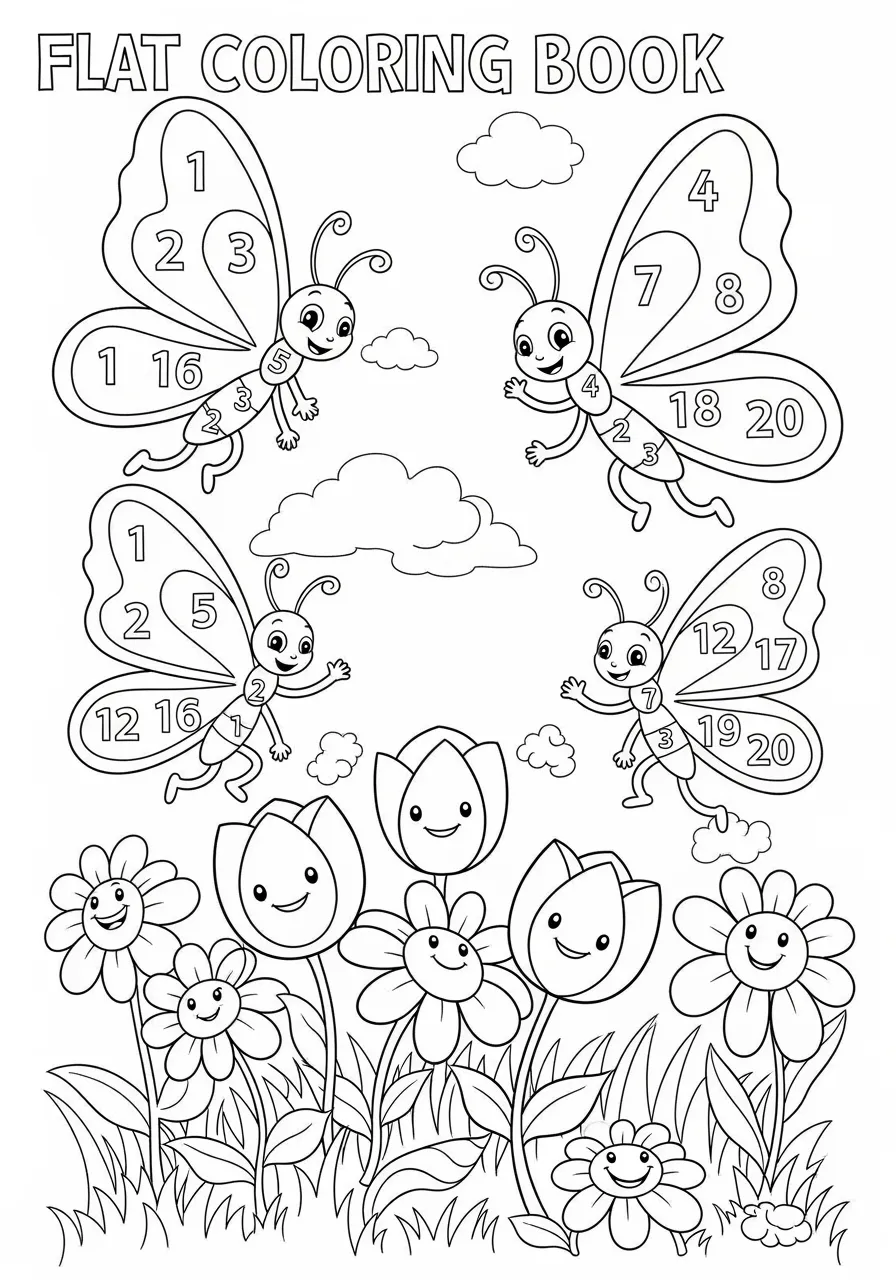 Number Butterfly Migration Coloring Page -- prompt: "black lines only Bold black outlines define cheerful butterflies displaying large numbers 1-30 on spread wings, gracefully floating above a sunny meadow filled with smiling daisy and tulip flowers, each bloom featuring clear numerical labels for educational coloring enjoyment. flat black lines, premium coloring page, coloring sheet, line drawing, Coloring Book, NO COLOR, NO SHADING, WHITE BACKGROUND. NO GRAY, BLACK AND WHITE, NO COLOR" -- Witness the beauty of butterfly migration where each delicate creature carries a number from 1 to 30 on its wings. The butterflies flutter across a meadow filled with numbered flowers, creating a naturalistic scene that celebrates both wildlife and mathematics. This page offers intricate wing patterns perfect for detailed coloring.
