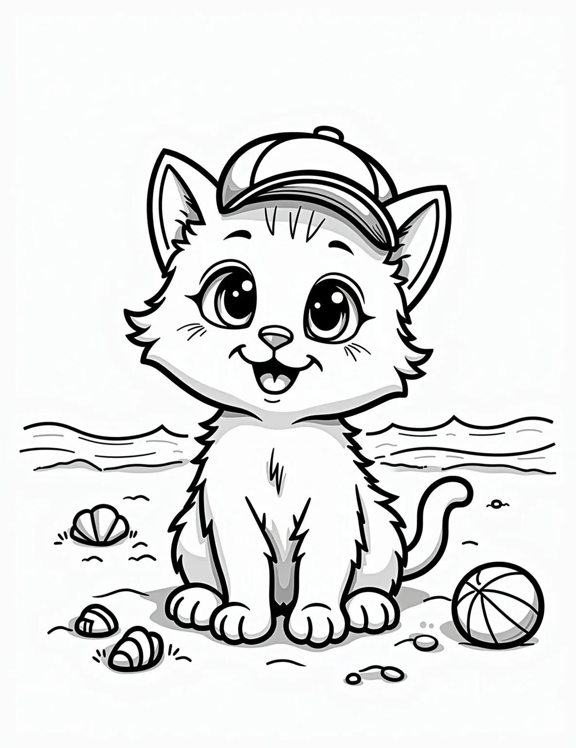 Cat, Baseball Hat, Beach