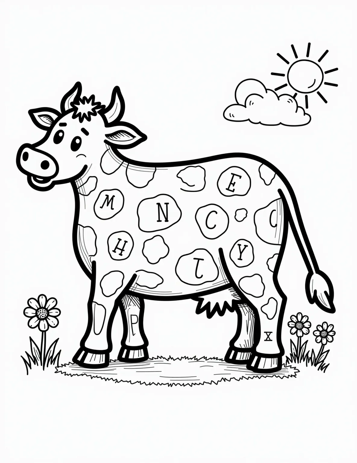 Cow Hide Alphabet -- prompt: "black lines only Playful cow-shaped outline filled with oversized black spots, each containing a cheerful, curvy alphabet letter. Bold lines perfect for coloring. Spots arranged in a puzzle-like pattern across the bovine silhouette. Smiling sun and daisies in corners. Fun, educational farm-themed design for children's flat black lines, premium coloring page, coloring sheet, line drawing, Coloring Book, NO COLOR, NO SHADING, WHITE BACKGROUND. NO GRAY, BLACK AND WHITE, NO COLOR" -- This educational coloring page features the alphabet arranged in cow spots. Each letter is nestled within a black spot on a cow's hide. It's a creative way to combine letter recognition with coloring fun.