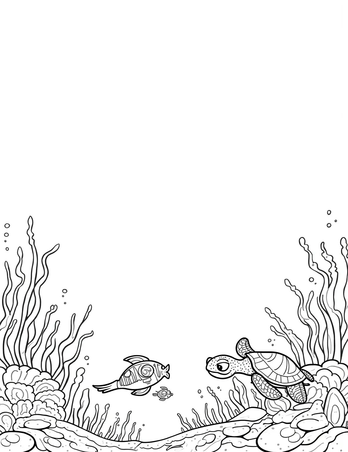 Gentle Sea Turtle Ocean Journey Coloring Page -- prompt: "black lines only Playful sea turtle glides through vibrant underwater world. Bold outlines frame coral formations, swaying seaweed, and schools of fish. Sunbeams pierce water's surface, creating dappled patterns. Simple shapes and clean lines invite coloring, perfect for all ages. Oceanic adventure awaits! flat black lines, premium coloring page, coloring sheet, line drawing, Coloring Book, NO COLOR, NO SHADING, WHITE BACKGROUND. NO GRAY, BLACK AND WHITE, NO COLOR" -- Embark on an ocean adventure with this serene sea turtle coloring page. The turtle is shown gliding through the water, surrounded by various sea creatures. This page is perfect for discussing marine life, ocean conservation, and the long journeys sea turtles make.
