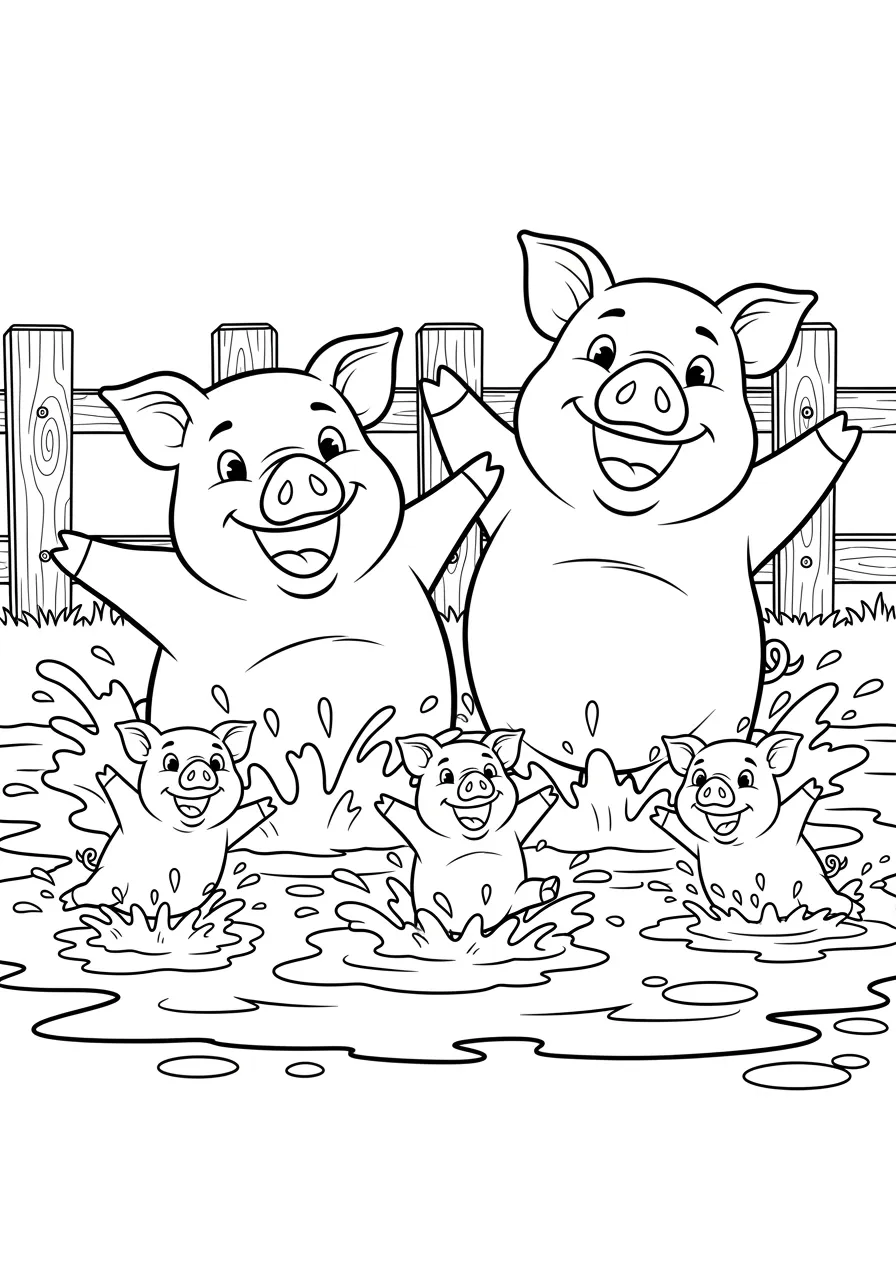 Happy Pig Family Mud Bath Coloring Page -- prompt: "black lines only Fun coloring book style illustration of cheerful pig family splashing in oversized mud puddle, mama and papa pigs laughing while three playful piglets roll and tumble, bold black outlines, simple shapes, farmyard fence background, joyful expressions flat black lines, premium coloring page, coloring sheet, line drawing, Coloring Book, NO COLOR, NO SHADING, WHITE BACKGROUND. NO GRAY, BLACK AND WHITE, NO COLOR" -- This delightful farm scene shows a pig family enjoying their favorite activity - rolling in a mud puddle on a warm sunny day. The parent pigs watch as their piglets splash and play, creating a heartwarming family moment. Children will giggle at the messy fun while learning about these intelligent and social farm animals.
