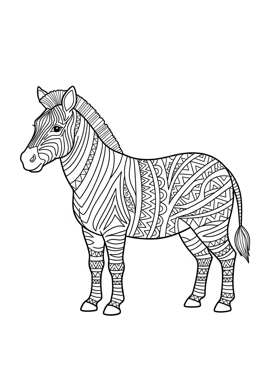 Ornate Mandala Zebra Pattern Coloring Page -- prompt: "black lines only A zebra standing sideways displaying bold mandala patterns and geometric designs replacing traditional stripes, featuring thick black outlines, empty white spaces ready for coloring, playful symmetrical shapes, circles, triangles, and flowing curves perfect for children's creative expression in coloring book format flat black lines, premium coloring page, coloring sheet, line drawing, Coloring Book, NO COLOR, NO SHADING, WHITE BACKGROUND. NO GRAY, BLACK AND WHITE, NO COLOR" -- This stunning adult coloring page transforms a zebra into a work of art with mandala patterns filling its distinctive stripes. The intricate geometric designs flow seamlessly with the zebra's natural form, creating a unique fusion of wildlife and decorative art. Advanced colorists will appreciate the detailed line work and symmetrical beauty.