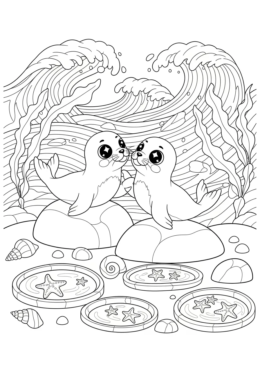 Playful Seal Pups Beach Adventure Coloring Page -- prompt: "black lines only Two playful seal pups with large expressive eyes tumbling together on smooth rounded rocks, surrounded by curving ocean waves, floating kelp fronds, scattered seashells, and tide pools, featuring bold black outlines and simple geometric shapes perfect for children's coloring activities flat black lines, premium coloring page, coloring sheet, line drawing, Coloring Book, NO COLOR, NO SHADING, WHITE BACKGROUND. NO GRAY, BLACK AND WHITE, NO COLOR" -- These adorable seal pups are playing on rocky beach shores with waves gently lapping nearby. Their round bodies and expressive whiskers make them irresistibly cute for young artists. This page is perfect for teaching about marine mammals and coastal ecosystems.
