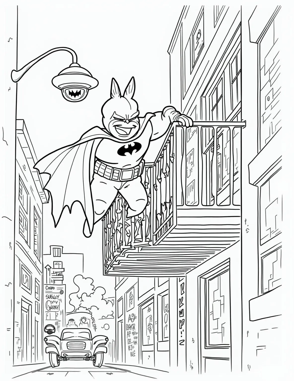 Batman: Year One Style Coloring Page -- prompt: "black lines only Playful Batman coloring page: Year One-inspired caped crusader perched on ornate fire escape. Gotham's dark alley backdrop with bold outlines. Exaggerated bat ears, utility belt details. Dramatic shadows, steam rising from manhole. Whimsical yet brooding atmosphere for young colorists. flat black lines, premium coloring page, coloring sheet, line drawing, Coloring Book, NO COLOR, NO SHADING, WHITE BACKGROUND. NO GRAY, BLACK AND WHITE, NO COLOR" -- Experience the gritty, realistic style of Batman: Year One with this atmospheric coloring page. Depicting a younger Batman perched on a fire escape, this page captures the noir-inspired aesthetic of the famous comic. It's perfect for those who appreciate a more grounded, street-level take on the Dark Knight.