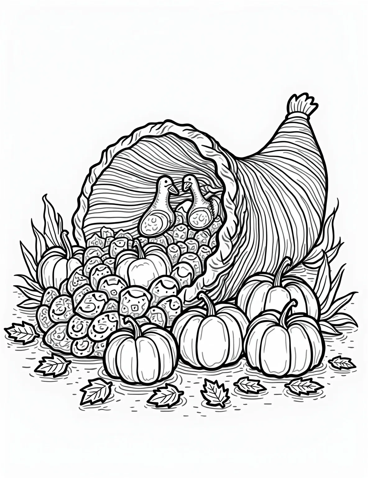 Thanksgiving Hostess Gift Basket -- prompt: "black lines only Playful cornucopia outline bursting with Thanksgiving gifts: plump turkey-shaped salt shakers, acorn-patterned oven mitts, leaf-shaped coasters. Surrounding it, bold autumn leaves, pumpkins, and corn husks. Simple, thick lines perfect for coloring. Cheerful harvest scene radiates gratitude and warmth. flat black lines, premium coloring page, coloring sheet, line drawing, Coloring Book, NO COLOR, NO SHADING, WHITE BACKGROUND. NO GRAY, BLACK AND WHITE, NO COLOR" -- Express gratitude with this Thanksgiving-themed coloring page. A cornucopia-shaped basket is filled with hostess gifts like a bottle of wine, artisanal cheeses, and autumn-scented candles. Fall leaves and small pumpkins surround the basket, creating a warm harvest scene.