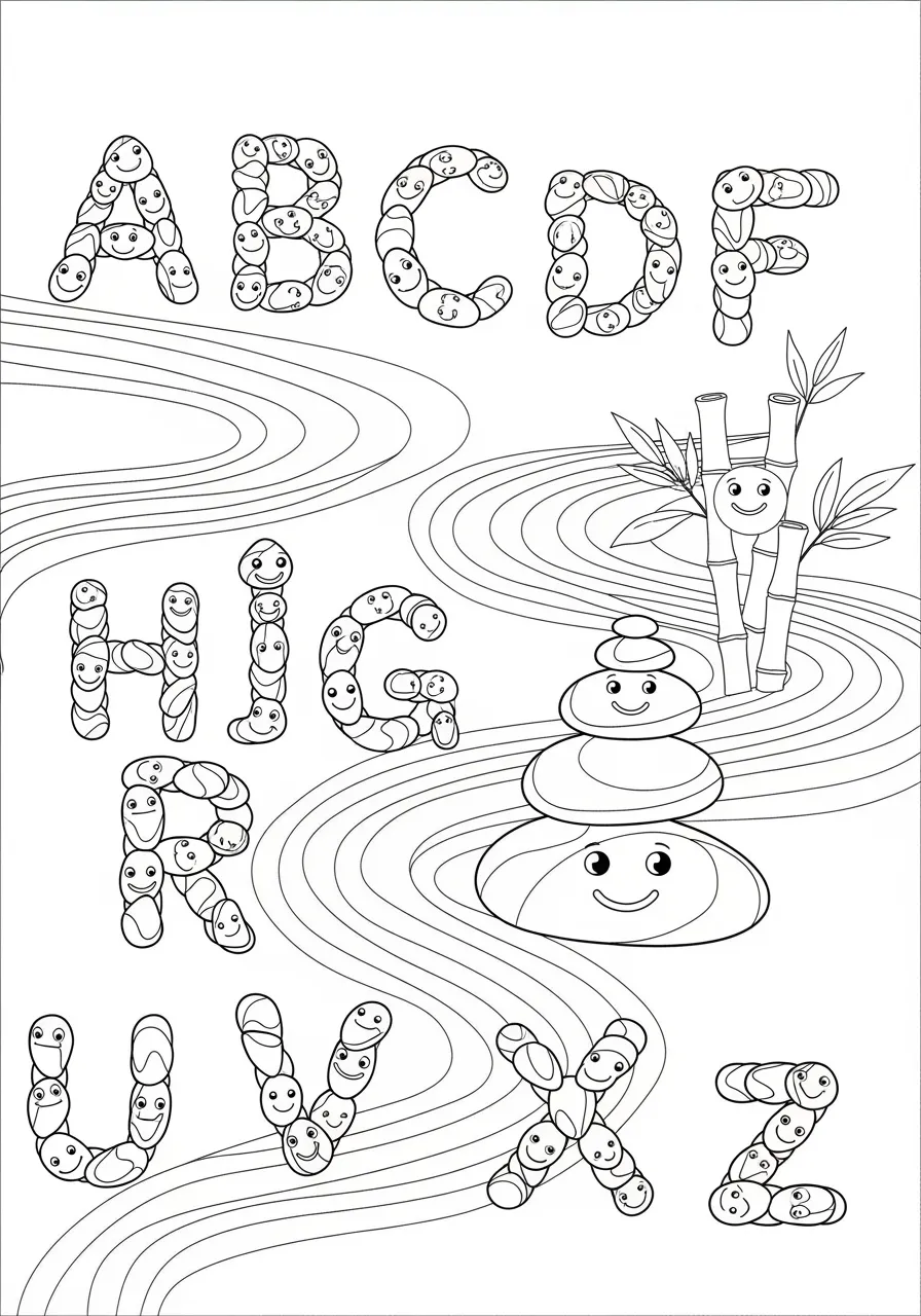 Zen Garden Letter Meditation Coloring Page -- prompt: "black lines only Fun coloring book page featuring zen garden with bold outlined alphabet letters made from circular stones, flowing raked sand swirls, cheerful bamboo stalks with leaves, simple black line art perfect for children's crayons flat black lines, premium coloring page, coloring sheet, line drawing, Coloring Book, NO COLOR, NO SHADING, WHITE BACKGROUND. NO GRAY, BLACK AND WHITE, NO COLOR" -- Find tranquility in this sophisticated alphabet design inspired by traditional Japanese zen gardens. Each letter is formed by carefully arranged stones, raked sand patterns, and minimalist landscaping elements. This calming coloring page offers adults a peaceful coloring experience while subtly reinforcing letter recognition through meditative design.