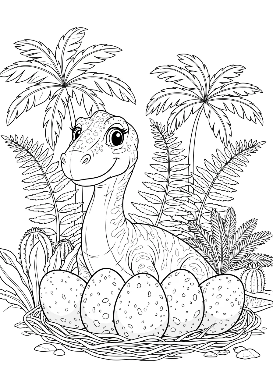 Graceful Maiasaura Tending to Nest Coloring Page -- prompt: "black lines only A gentle Maiasaura dinosaur mother with bold outlines carefully watching over large spotted eggs in her circular nest, surrounded by simple ferns, palm fronds, and prehistoric plants with clear black lines perfect for coloring flat black lines, premium coloring page, coloring sheet, line drawing, Coloring Book, NO COLOR, NO SHADING, WHITE BACKGROUND. NO GRAY, BLACK AND WHITE, NO COLOR" -- Experience the nurturing side of dinosaur life with this touching scene of a mother Maiasaura carefully tending to her eggs in a well-constructed nest. This "good mother lizard" represents the caring, family-oriented behavior that many dinosaurs displayed. The detailed nest and surrounding prehistoric plants create a warm, educational coloring experience that highlights dinosaur parenting behaviors.