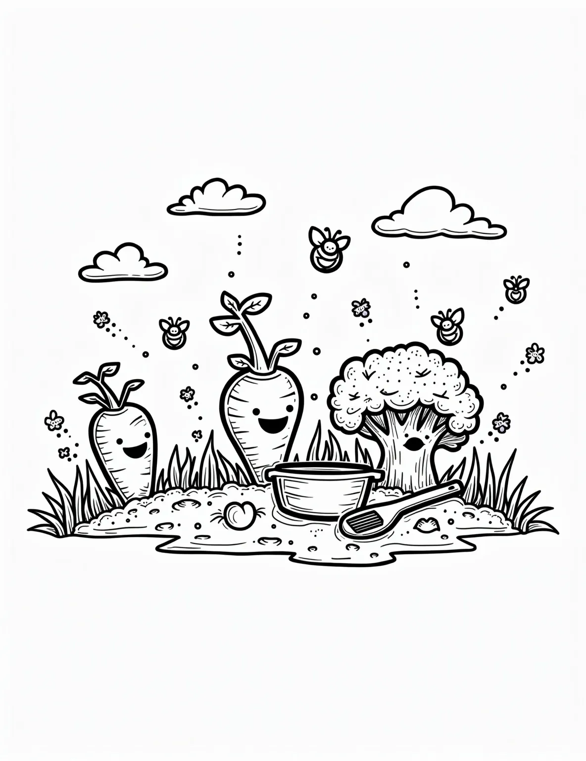 Farm-to-Table Vegetables Coloring Page -- prompt: "black lines only Garden-to-plate journey: Cheerful vegetables sprout from soil, connected by dotted arrows to their cooked counterparts. Bold outlines perfect for coloring. Smiling carrot, tomato, and broccoli characters. Chunky wooden spoon stirring a pot. Playful bees and butterflies flit between scenes. flat black lines, premium coloring page, coloring sheet, line drawing, Coloring Book, NO COLOR, NO SHADING, WHITE BACKGROUND. NO GRAY, BLACK AND WHITE, NO COLOR" -- Explore the journey of fresh produce with our Farm-to-Table Vegetables coloring page! This educational scene shows vegetables growing in a garden on one side and prepared on a plate on the other. It's a great way to teach kids about where their food comes from while providing a fun coloring activity.