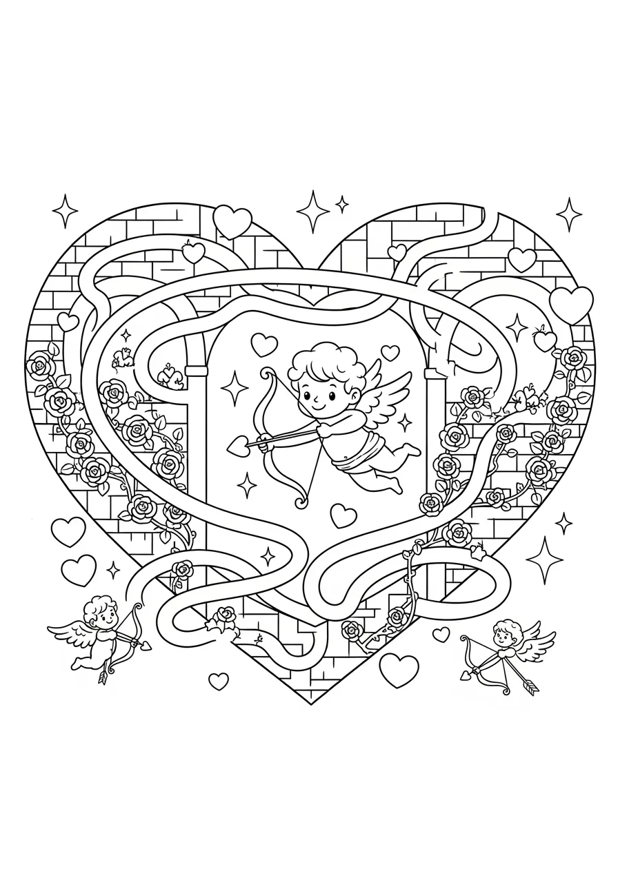 Heart-Shaped Maze Coloring Page -- prompt: "black lines only Heart-shaped maze coloring page featuring thick black outlines, geometric pathways winding through decorative walls adorned with roses and arrows, cheerful cupid with bow positioned at center, surrounded by floating hearts and stars, clean white background, kid-friendly design flat black lines, premium coloring page, coloring sheet, line drawing, Coloring Book, NO COLOR, NO SHADING, WHITE BACKGROUND. NO GRAY, BLACK AND WHITE, NO COLOR" -- Navigate through love with this intricate heart-shaped maze that challenges both mind and creativity. The maze walls are decorated with small romantic symbols and flowers, while cupid waits at the center as the ultimate prize. This unique design combines puzzle-solving with coloring fun, perfect for older kids who enjoy challenges.