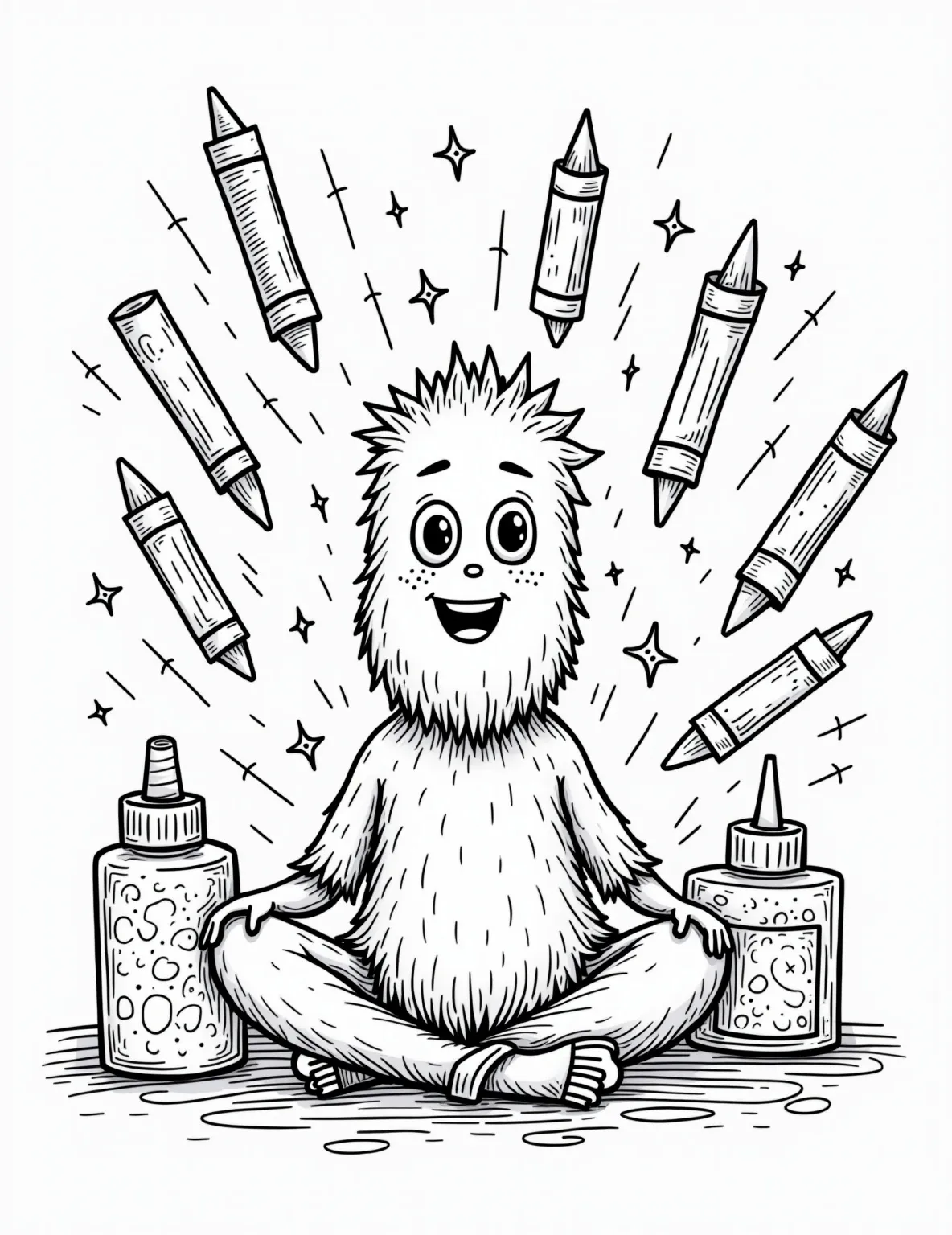 Forky's Arts and Crafts Chaos Coloring Page -- prompt: "black lines only Forky, the spork-turned-toy, sits cross-legged amidst a chaotic explosion of art supplies. Bold outlines define crayons scattered like pickup sticks, glue bottles tipped over, glitter sprinkled in starbursts, and popsicle sticks arranged in a haphazard fort. Playful patterns fill each object, inviting coloring fun. flat black lines, premium coloring page, coloring sheet, line drawing, Coloring Book, NO COLOR, NO SHADING, WHITE BACKGROUND. NO GRAY, BLACK AND WHITE, NO COLOR" -- Dive into a world of creative chaos with Forky in this fun and messy coloring page! Our beloved spork-turned-toy is surrounded by an explosion of art supplies, perfect for inspiring young artists. Kids will have a blast adding splashes of color to Forky's googly eyes, pipe cleaner arms, and the array of crayons, glue, and glitter around him.