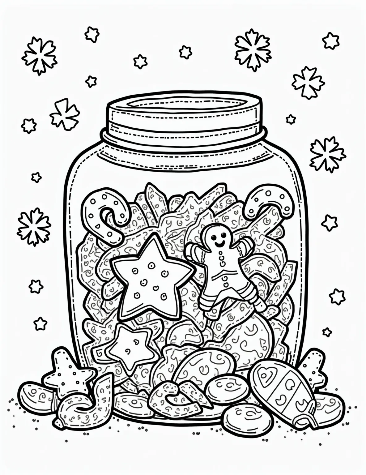 Christmas Light Decorated Cookie Jar Coloring Page -- prompt: "black lines only Cheerful cookie jar outline with bold, simple shapes. Oversized holiday cookies inside, each with distinct patterns. Chunky Christmas lights wrap around, creating playful swirls. Candy canes and gingerbread men peek out. Perfect for coloring, with large spaces and fun details. flat black lines, premium coloring page, coloring sheet, line drawing, Coloring Book, NO COLOR, NO SHADING, WHITE BACKGROUND. NO GRAY, BLACK AND WHITE, NO COLOR" -- This sweet coloring page showcases a large cookie jar wrapped in twinkling Christmas lights. The jar is filled with an assortment of holiday cookies visible through the glass. It's a charming combination of two beloved holiday traditions - festive lights and delicious treats.