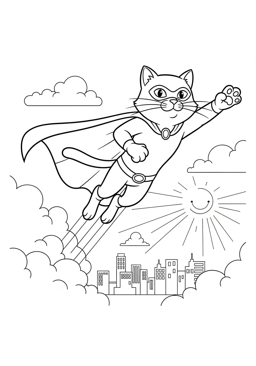 A cat dressed as a superhero, flying through the sky