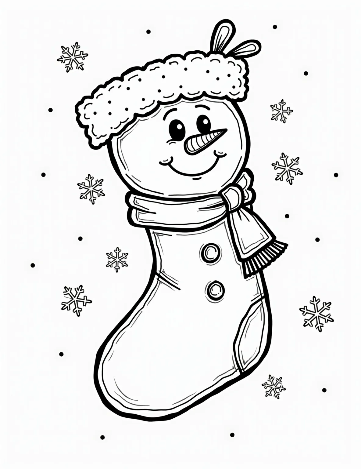 Festive Snowman Stocking Coloring Page -- prompt: "black lines only Jolly Christmas stocking shaped like a plump snowman. Bold outlines perfect for coloring. Carrot nose, coal eyes, and button belly await vibrant hues. Scarf swirls around, begging for patterns. Snowflakes dance across, ready for creative embellishment. A merry coloring page flat black lines, premium coloring page, coloring sheet, line drawing, Coloring Book, NO COLOR, NO SHADING, WHITE BACKGROUND. NO GRAY, BLACK AND WHITE, NO COLOR" -- This jolly coloring page features a stocking designed like a cheerful snowman. The top of the stocking resembles a snowman's head, complete with a carrot nose and coal eyes. The body of the stocking is decorated with buttons, a scarf, and snowflake patterns.