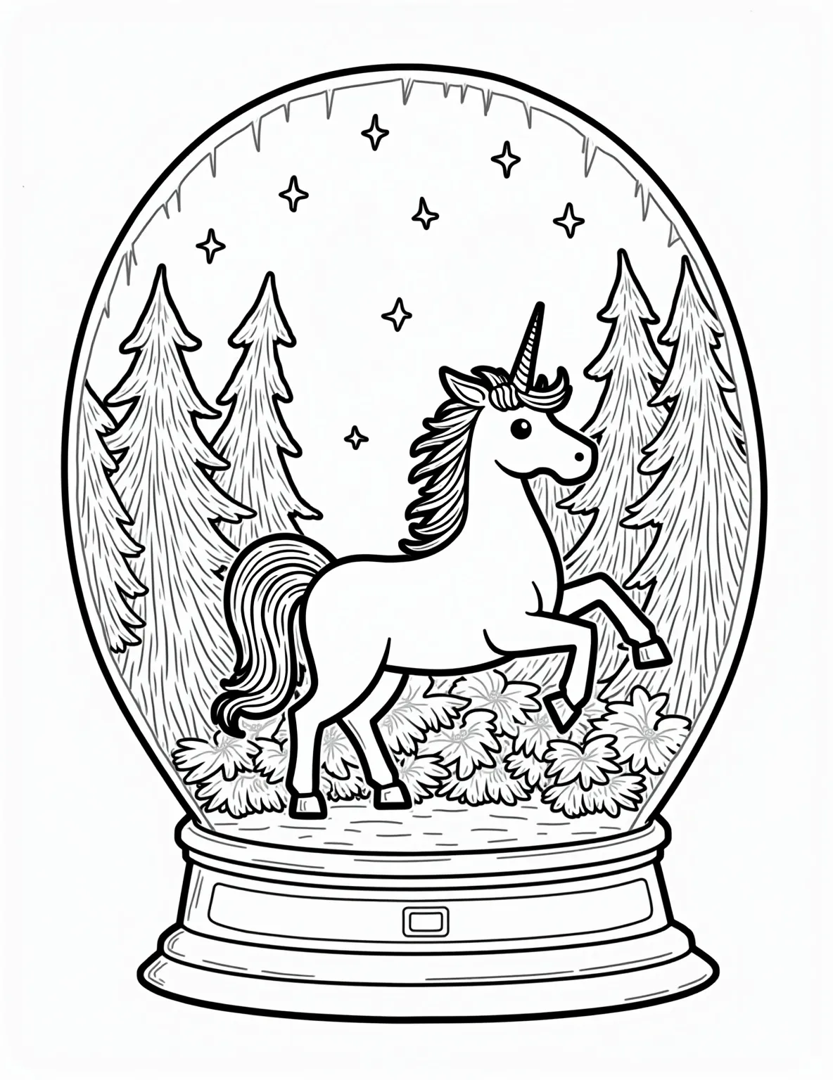 Magical Unicorn Winter Snow Globe -- prompt: "black lines only Enchanting coloring page: Snow globe with prancing unicorn in winter wonderland. Crystalline trees with ornate patterns, swirling northern lights. Bold outlines for easy coloring. Whimsical snowflakes, hidden forest creatures. Magical scene ready for vibrant hues and creative imagination. Coloring book style, fun for all ages. flat black lines, premium coloring page, coloring sheet, line drawing, Coloring Book, NO COLOR, NO SHADING, WHITE BACKGROUND. NO GRAY, BLACK AND WHITE, NO COLOR" -- Enter a world of fantasy with this magical unicorn winter snow globe. A majestic unicorn prances through a glade of crystalline trees, its mane shimmering with icy sparkles. Rainbow-hued northern lights dance in the background, adding a touch of color to this enchanted winter scene.