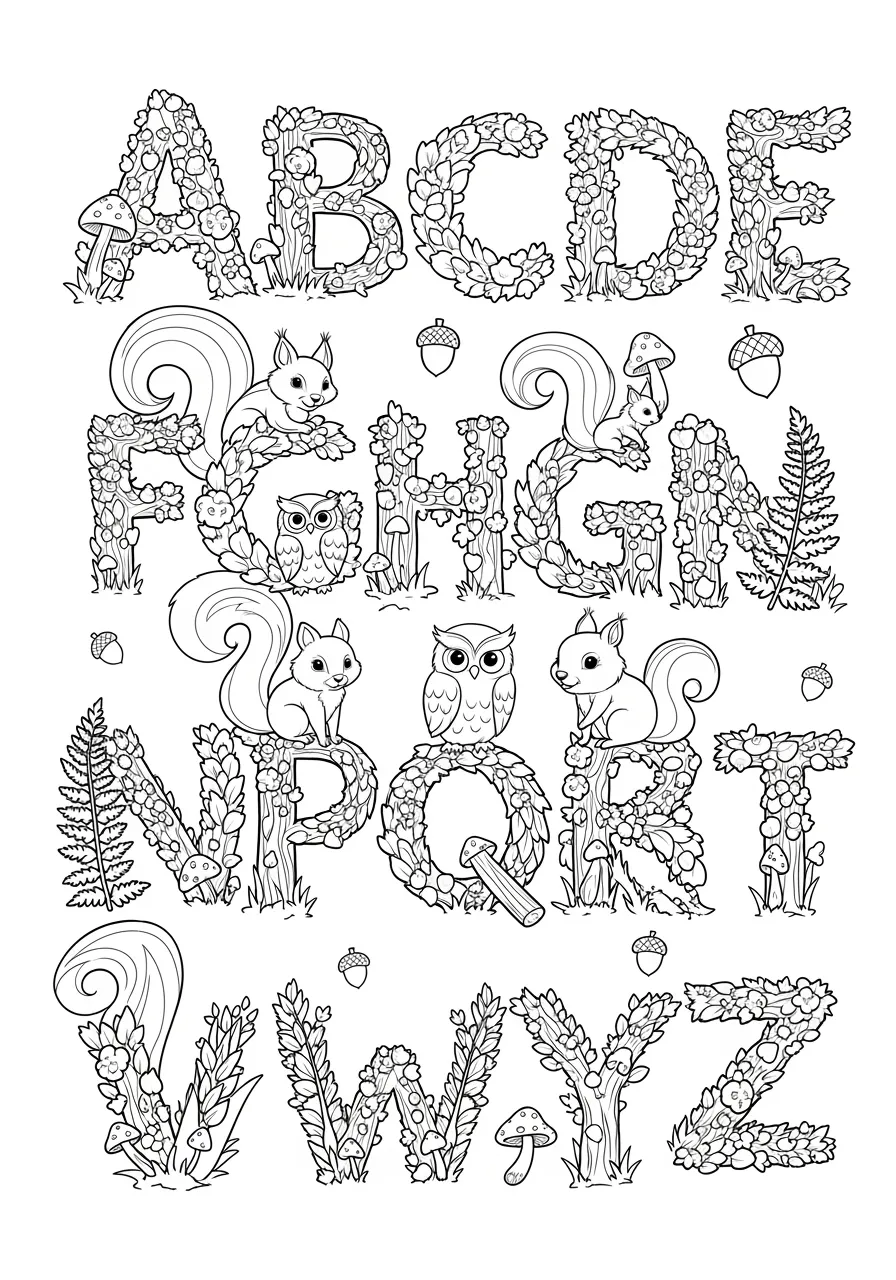 Whimsical Woodland Letterscape -- prompt: "black lines only Enchanted woodland alphabet: Playful outlines of forest creatures, flowers, and trees form letters A-Z. Squirrels curl into S, owls perch as O, ferns unfurl as F. Thick, bold lines perfect for coloring. Hidden acorns and mushrooms add whimsy to this magical forest scene. flat black lines, premium coloring page, coloring sheet, line drawing, Coloring Book, NO COLOR, NO SHADING, WHITE BACKGROUND. NO GRAY, BLACK AND WHITE, NO COLOR" -- Step into an enchanted forest where letters come to life! This intricate coloring page showcases the alphabet hidden within a lush woodland scene. Trees, flowers, and forest creatures work together to form each letter, providing a delightful challenge for both children and adults.