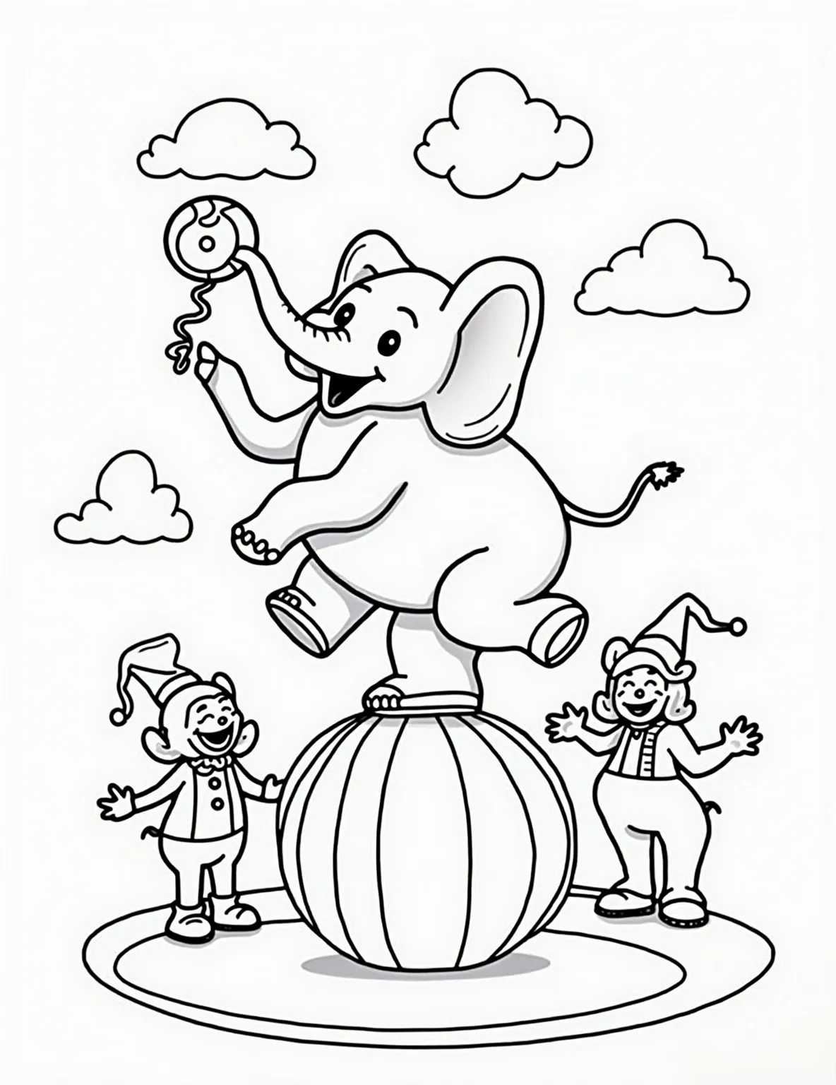 Elephant's Circus Act Coloring Page -- prompt: "black lines only Cheerful circus elephant balancing on red-and-white striped ball, playfully juggling colorful balls with its trunk. Surrounded by bold, simple outlines of circus tent, clowns, and acrobats. Large, clean shapes with thick black borders perfect for coloring. Joyful, energetic scene inviting creative expression. flat black lines, premium coloring page, coloring sheet, line drawing, Coloring Book, NO COLOR, NO SHADING, WHITE BACKGROUND. NO GRAY, BLACK AND WHITE, NO COLOR" -- Step right up to the greatest show on earth with this exciting circus elephant coloring page! The scene showcases a talented elephant balancing on a colorful ball while juggling with its trunk. This page is ideal for children who love the magic and wonder of the circus.