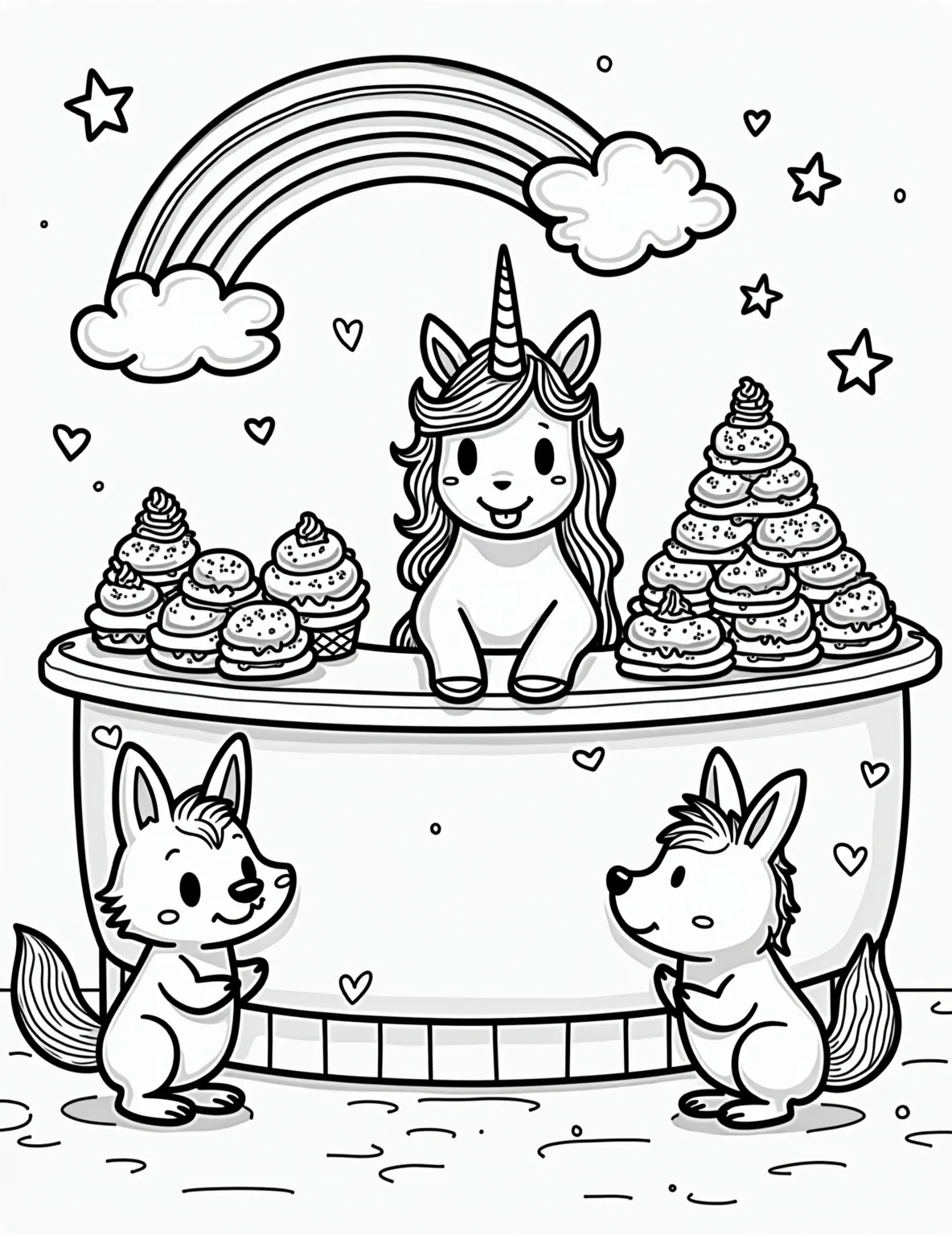 Unicorn's Rainbow Ice Cream Parlor -- prompt: "black lines only Cheerful unicorn scooping rainbow ice cream behind a swirly counter. Smiling animal customers—fox, owl, rabbit—eagerly await treats. Bold outlines, simple shapes, and empty spaces perfect for coloring. Sprinkles and waffle cones add fun details. Magical parlor scene radiates joy. flat black lines, premium coloring page, coloring sheet, line drawing, Coloring Book, NO COLOR, NO SHADING, WHITE BACKGROUND. NO GRAY, BLACK AND WHITE, NO COLOR" -- Step into a world of sweet delights with this charming unicorn-themed ice cream parlor scene. The coloring page showcases a unicorn happily serving rainbow ice cream scoops to forest friends. With its simple shapes and whimsical details, this page is perfect for young children to explore colors and practice fine motor skills.