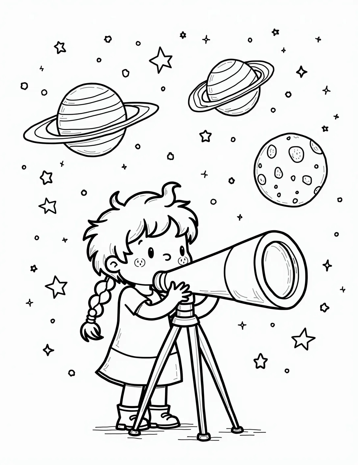 Telescope Gazing -- prompt: "black lines only Coloring page: Curious child peering through telescope, oversized stars and planets outline. Constellations connect with dotted lines. Crescent moon smiles. Swirling Milky Way, comets, and Saturn's rings. Simple, bold outlines perfect for coloring. Cosmic wonder captured in playful, educational design. flat black lines, premium coloring page, coloring sheet, line drawing, Coloring Book, NO COLOR, NO SHADING, WHITE BACKGROUND. NO GRAY, BLACK AND WHITE, NO COLOR" -- Celebrate the wonders of astronomy with this charming coloring page. It depicts a young stargazer peering through a telescope on a clear night, with constellations visible in the sky. This page is perfect for inspiring curiosity about the cosmos in young minds.