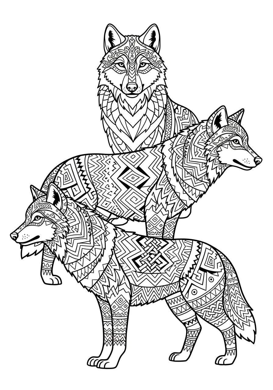 Complex Geometric Wolf Pack Coloring Page -- prompt: "black lines only Three majestic wolves arranged in triangular pack formation, bodies adorned with bold geometric mandalas, tribal zigzags, and Celtic knots, thick black outlines, clean white background, playful expressions, fun coloring book style coloring page flat black lines, premium coloring page, coloring sheet, line drawing, Coloring Book, NO COLOR, NO SHADING, WHITE BACKGROUND. NO GRAY, BLACK AND WHITE, NO COLOR" -- This advanced adult coloring page features three wolves rendered in intricate geometric and tribal patterns. The detailed line work and complex designs provide a challenging and rewarding artistic experience. This page combines wildlife appreciation with sophisticated abstract art elements.