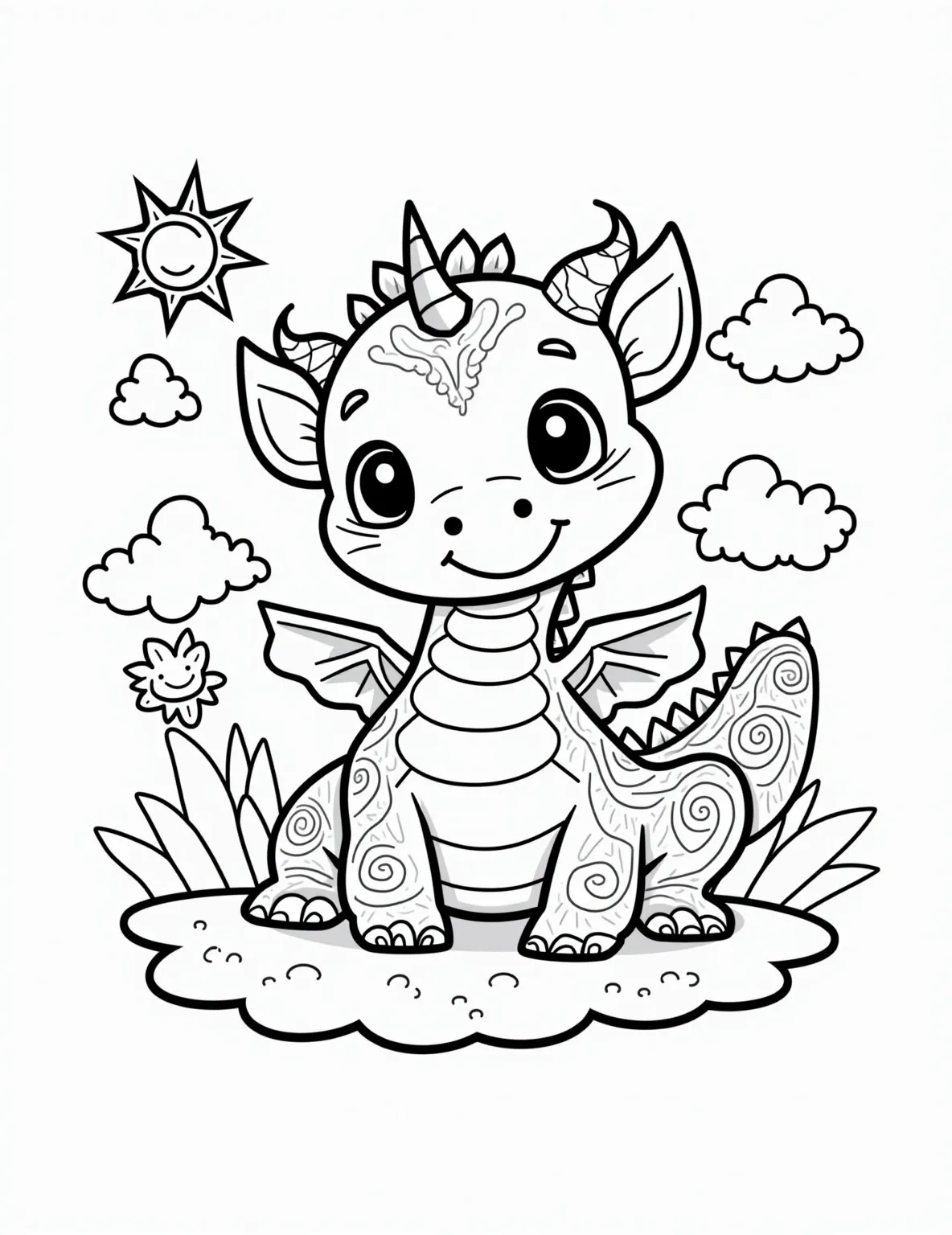 Playful Rainbow Dragon Coloring Page -- prompt: "black lines only Playful dragon with vibrant rainbow scales, outlined boldly for easy coloring. Curled pose with wide eyes and friendly smile. Simple background with fluffy clouds and sun. Thick lines define body segments. Tail wraps around, creating fun negative spaces to fill. flat black lines, premium coloring page, coloring sheet, line drawing, Coloring Book, NO COLOR, NO SHADING, WHITE BACKGROUND. NO GRAY, BLACK AND WHITE, NO COLOR" -- A friendly dragon with rainbow-colored scales curls around this imaginative coloring page. Its long body creates swirls and loops, offering plenty of space for creative color combinations. This page is ideal for fantasy enthusiasts and those who love mythical creatures.