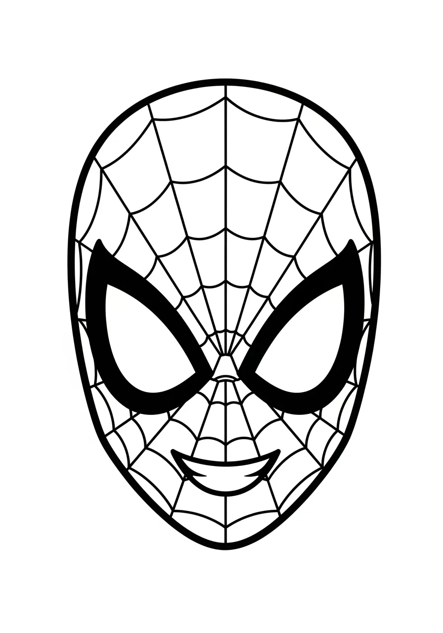Simple Spiderman Face Coloring Page -- prompt: "black lines only Oversized Spiderman mask dominates the page with bold black outlines, featuring classic web patterns radiating from center eye areas, thick borders perfect for crayons, cheerful superhero expression, kid-friendly proportions designed for easy coloring adventures flat black lines, premium coloring page, coloring sheet, line drawing, Coloring Book, NO COLOR, NO SHADING, WHITE BACKGROUND. NO GRAY, BLACK AND WHITE, NO COLOR" -- Created especially for toddlers and preschoolers, this large, simple design features Spiderman's friendly face with easy-to-color sections and basic web patterns. The bold lines and minimal details make it perfect for developing fine motor skills while introducing young children to their favorite superhero. Parents and teachers will appreciate how this design builds confidence in beginning colorists.