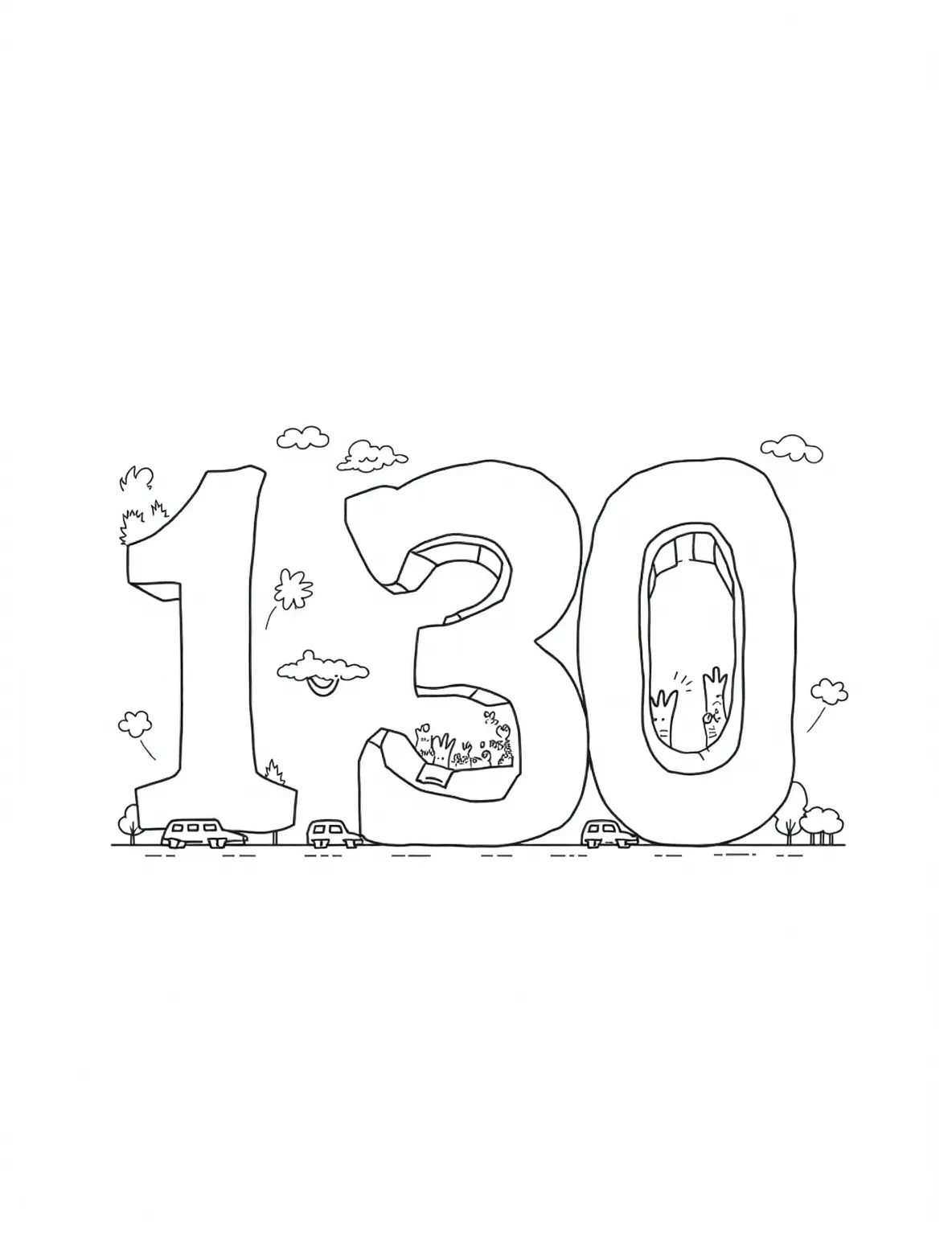 Number Cityscape Coloring Page -- prompt: "black lines only Playful cityscape coloring page with buildings shaped like giant numbers 1-30. Bold outlines define streets bustling with cartoonish cars. Cheerful stick-figure people peek from windows. Simplistic yet engaging design perfect for all ages to color and explore urban numerical adventure. flat black lines, premium coloring page, coloring sheet, line drawing, Coloring Book, NO COLOR, NO SHADING, WHITE BACKGROUND. NO GRAY, BLACK AND WHITE, NO COLOR" -- Explore a bustling city where every building is a number from 1 to 30! Skyscrapers, houses, and shops take on numerical shapes. Cars on the streets and people in the windows provide additional counting opportunities in this urban number adventure.